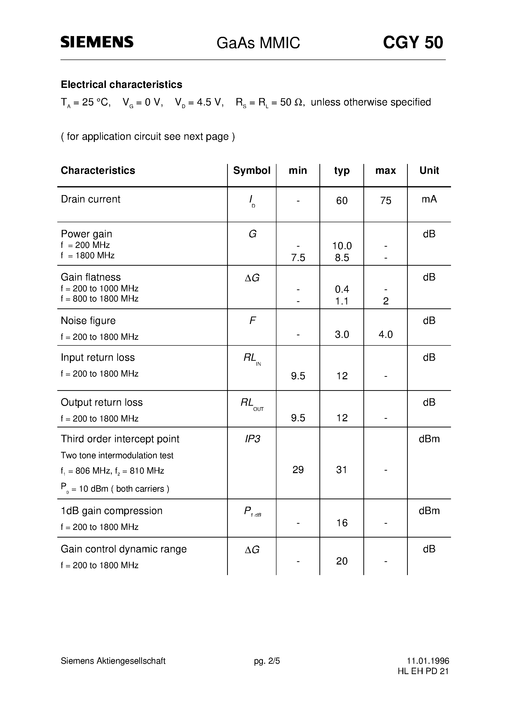 Datasheet CGY50 - GaAs MMIC (Single-stage monolithic microwave IC MMICamplifier Cascadable 50 gain block) page 2