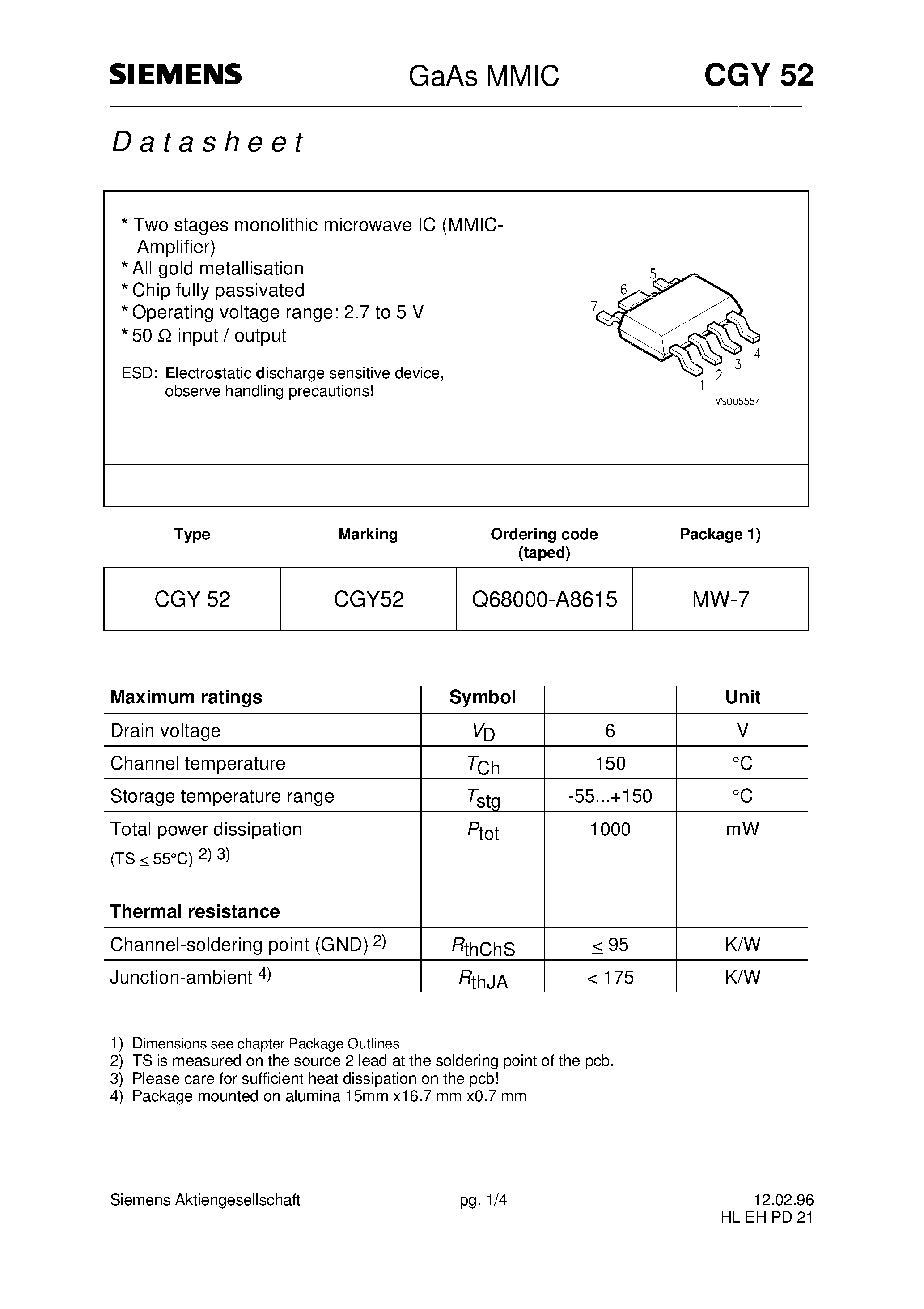 Datasheet CGY52 - GaAs MMIC (Two stages monolithic microwave IC MMICAmplifier All gold metallisation) page 1