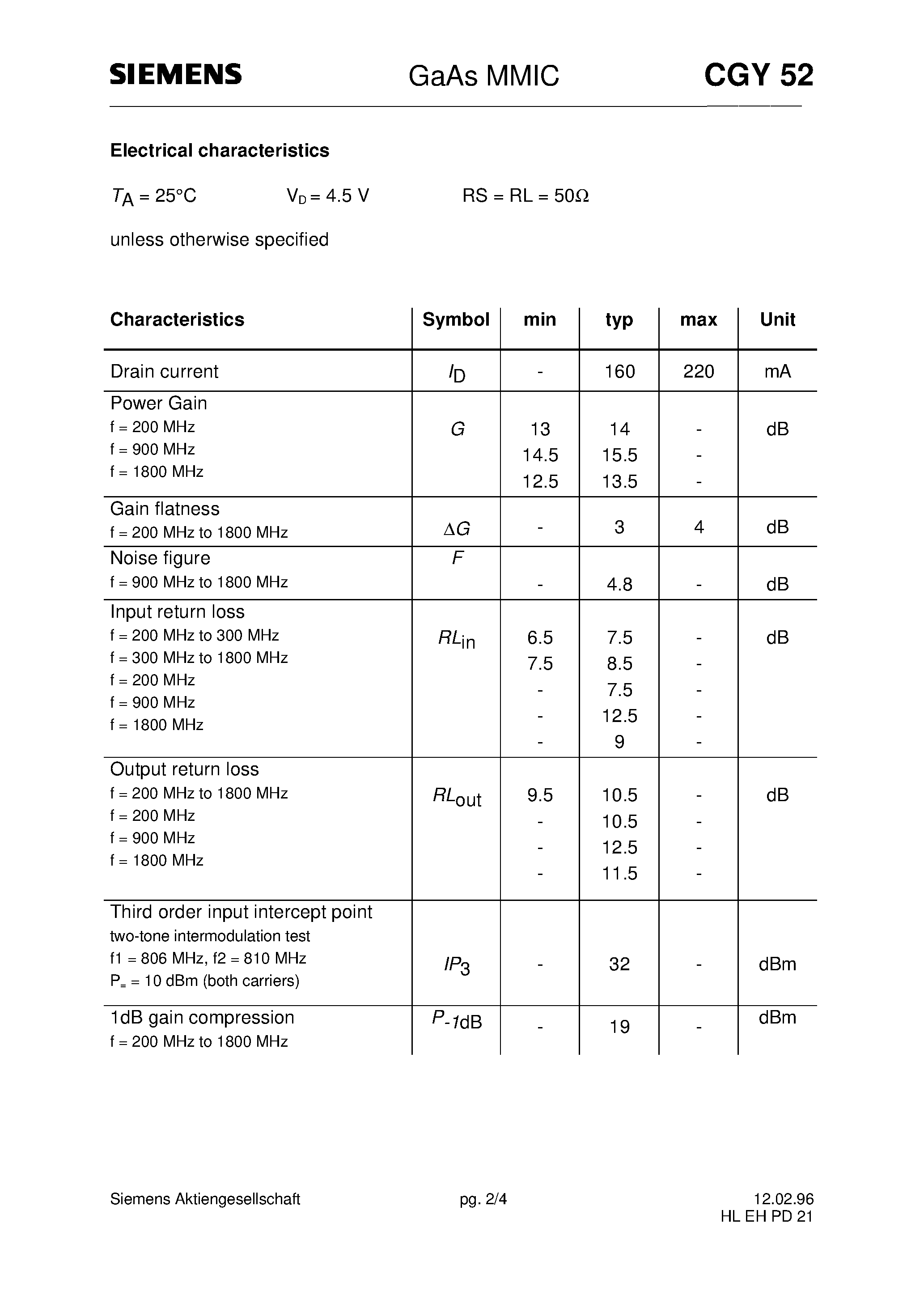 Datasheet CGY52 - GaAs MMIC (Two stages monolithic microwave IC MMICAmplifier All gold metallisation) page 2