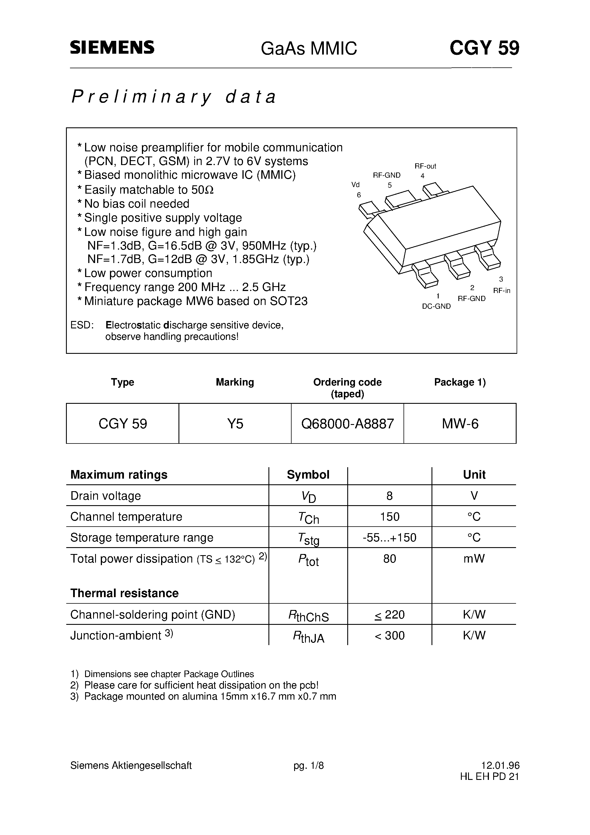 Даташит на микросхему CGY59 страница 1 Даташит CGY59 - GaAs MMIC (Low noise preamplifier for mobile communication PCN/ DECT/ GSM in 2.7V to 6V systems) страница 1