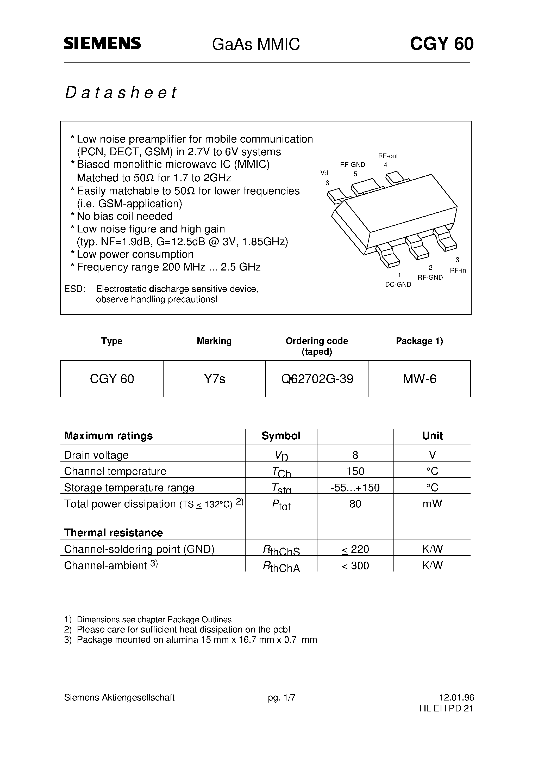 Даташит CGY60 - GaAs MMIC (Low noise preamplifier for mobile communication PCN/ DECT/ GSM in 2.7V to 6V systems) страница 1