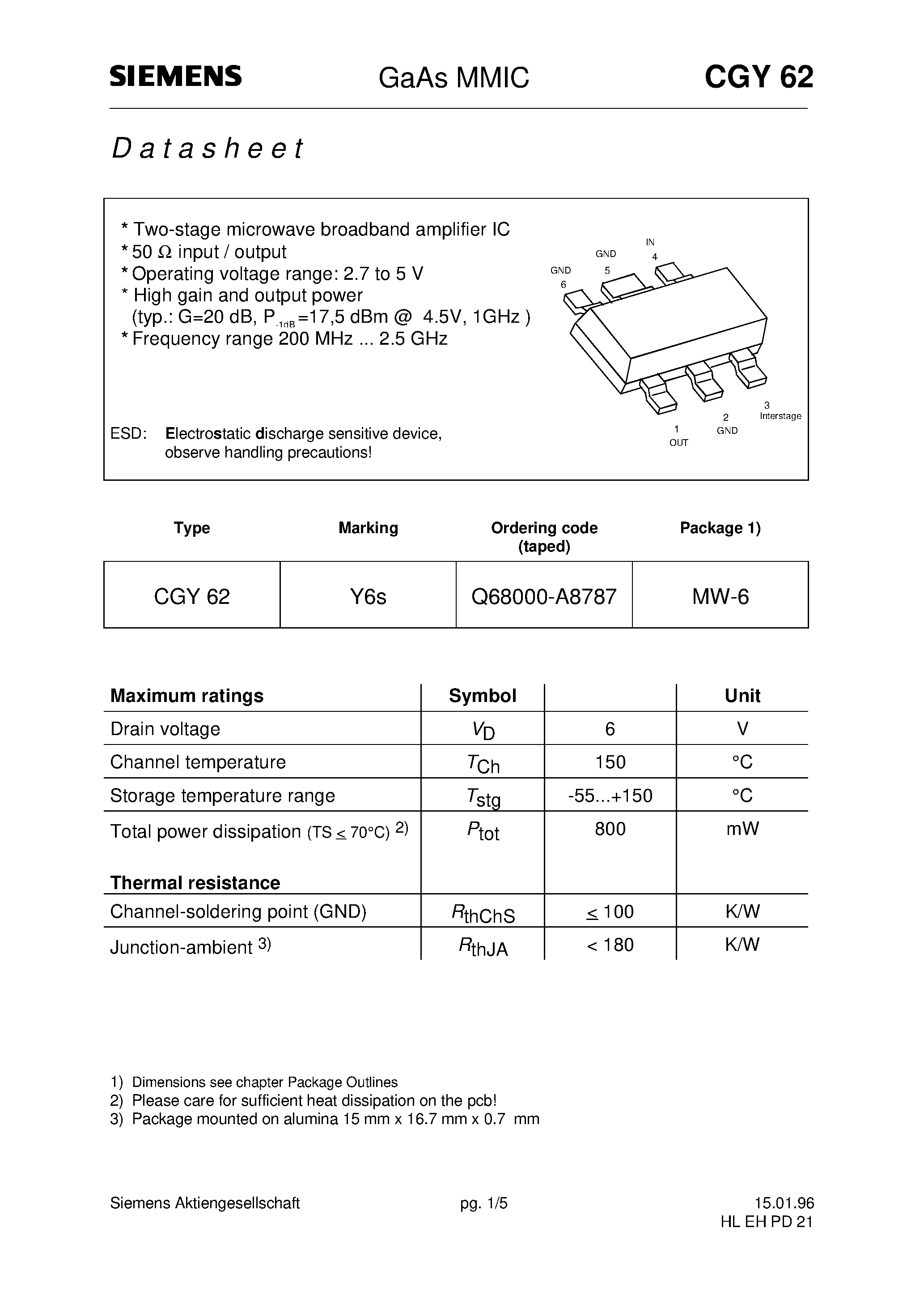 Datasheet CGY62 - GaAs MMIC (Two-stage microwave broadband amplifier IC 50 input / output) page 1