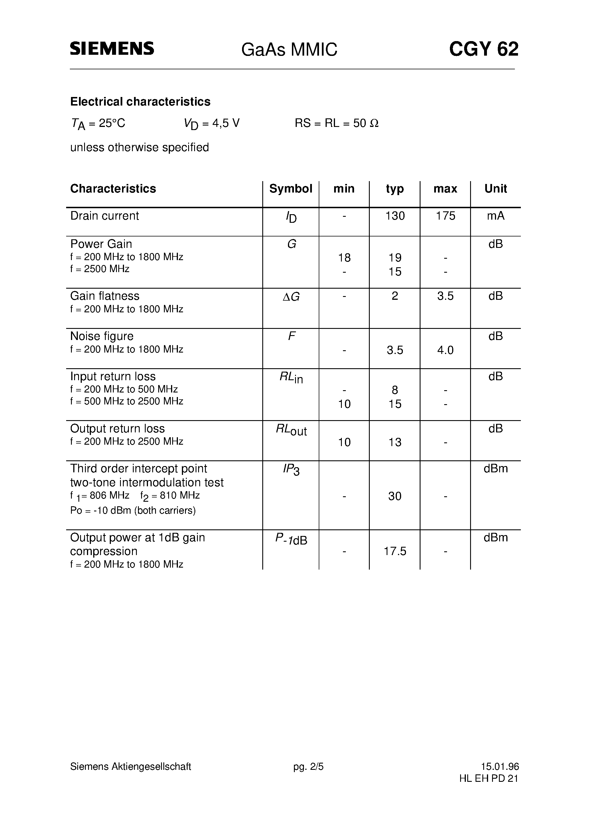 Datasheet CGY62 - GaAs MMIC (Two-stage microwave broadband amplifier IC 50 input / output) page 2