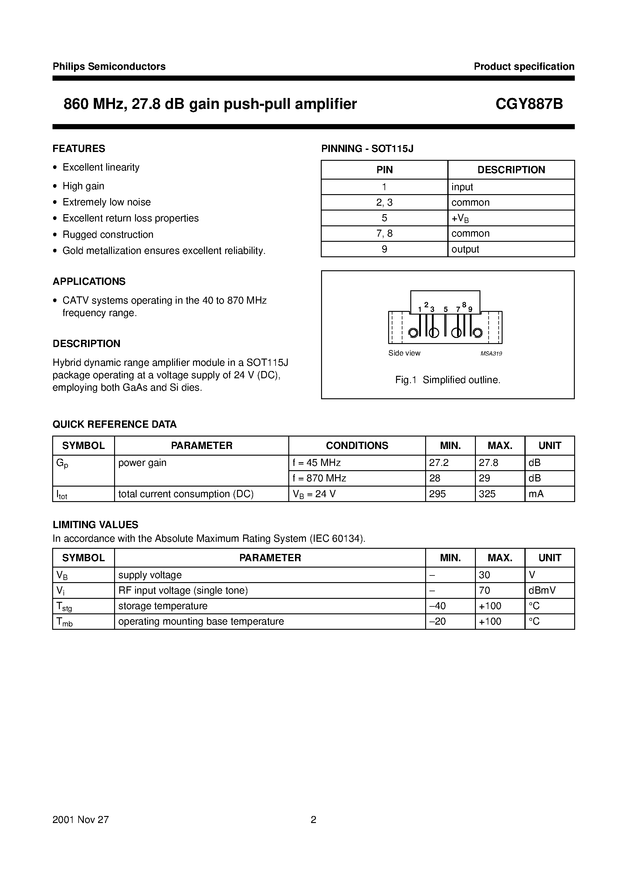Даташит CGY887B - 860 MHz/ 27.8 dB gain push-pull amplifier страница 2