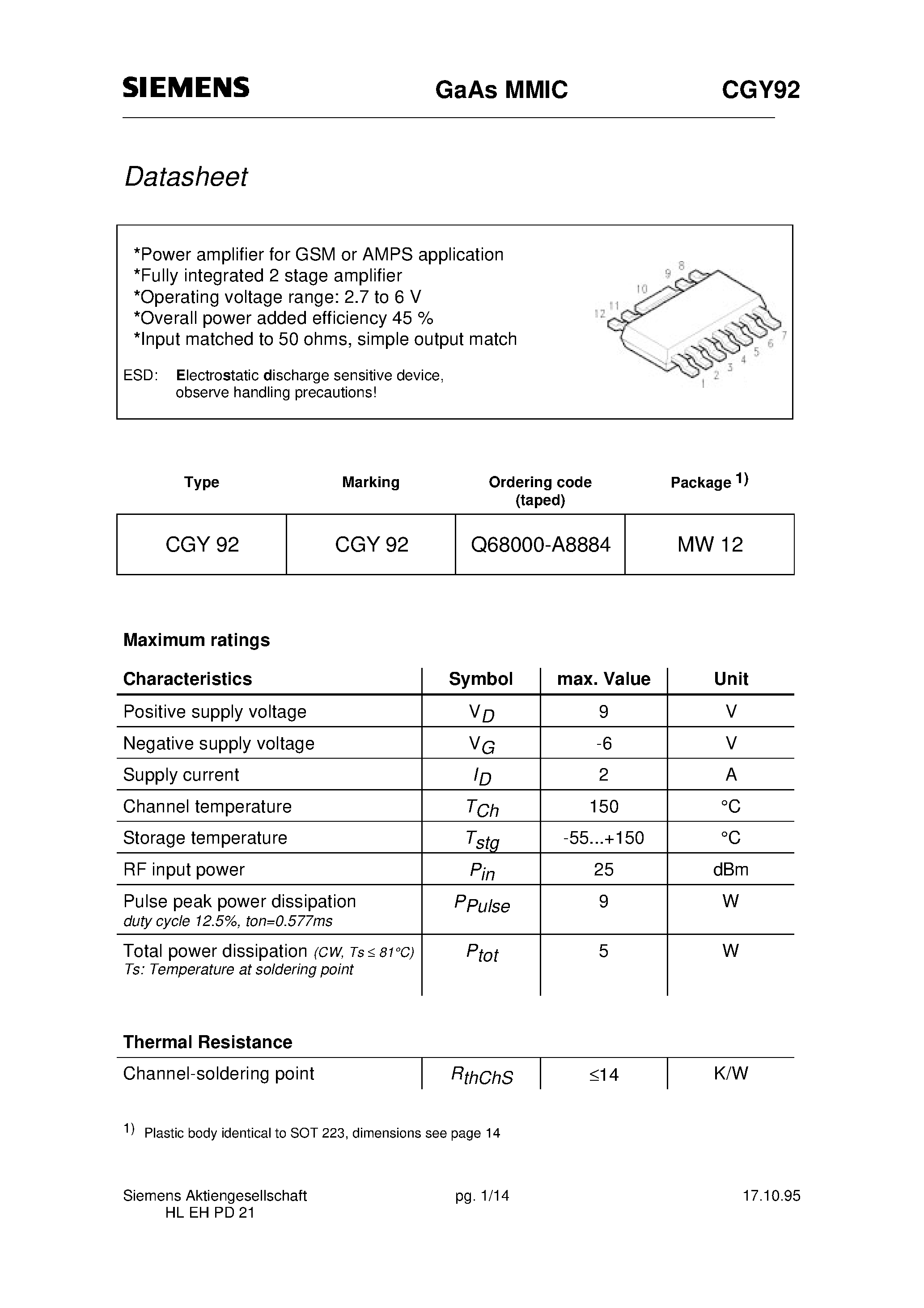 Datasheet CGY92 - GaAs MMIC (Power amplifier for GSM or AMPS application Fully integrated 2 stage amplifier) page 1