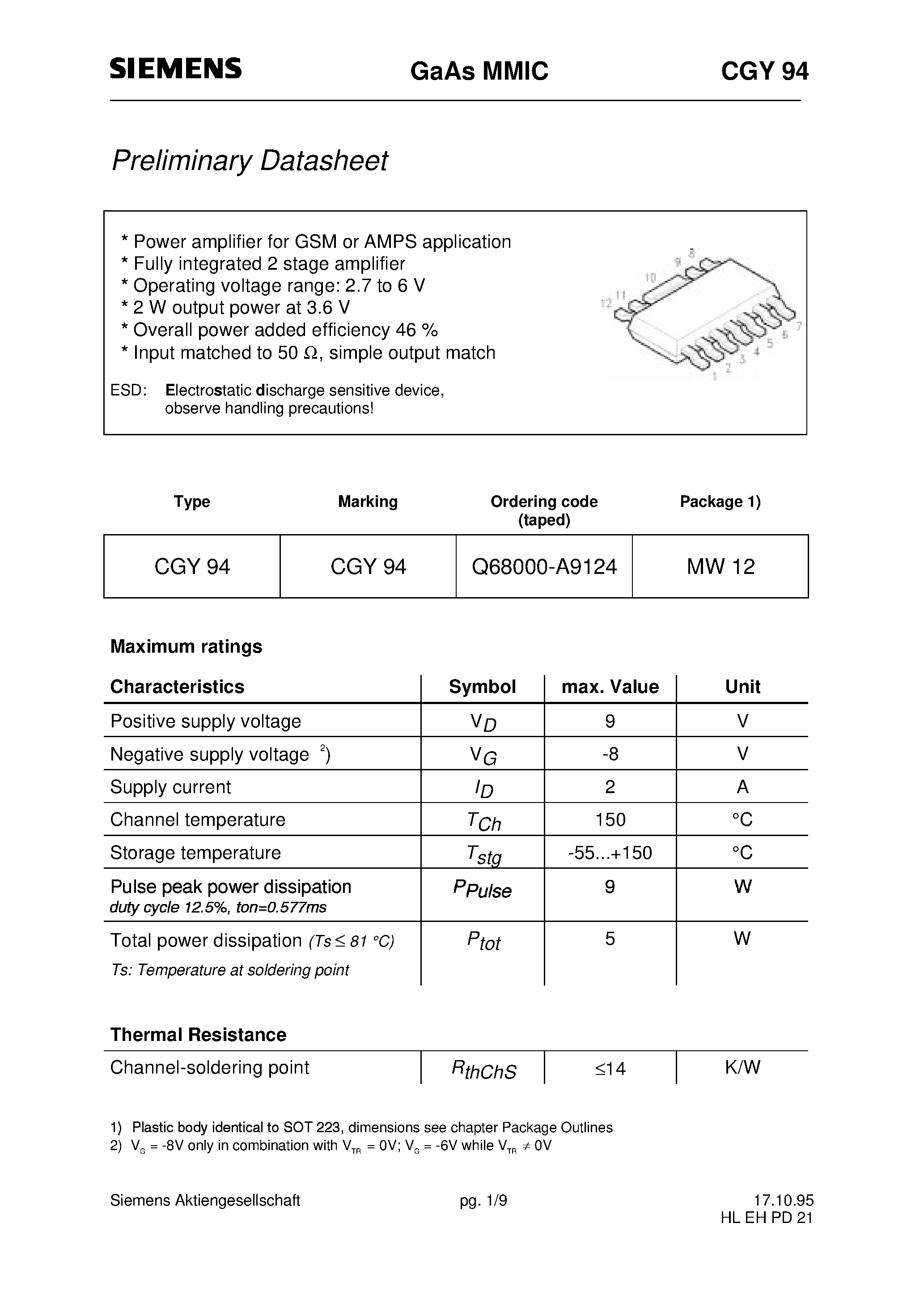 Datasheet CGY94 - GaAs MMIC (Power amplifier for GSM or AMPS application Fully integrated 2 stage amplifier Operating voltage range: 2.7 to 6 V) page 1