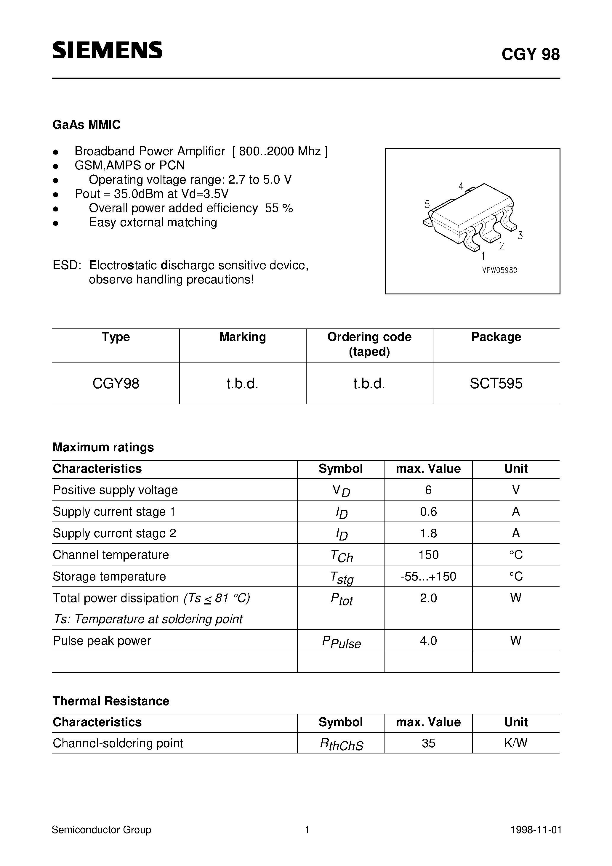 Datasheet CGY98 - GaAs MMIC (Broadband Power Amplifier [ 800..2000 Mhz ] GSM/AMPS or PCN Operating voltage range: 2.7 to 5.0 V) page 1