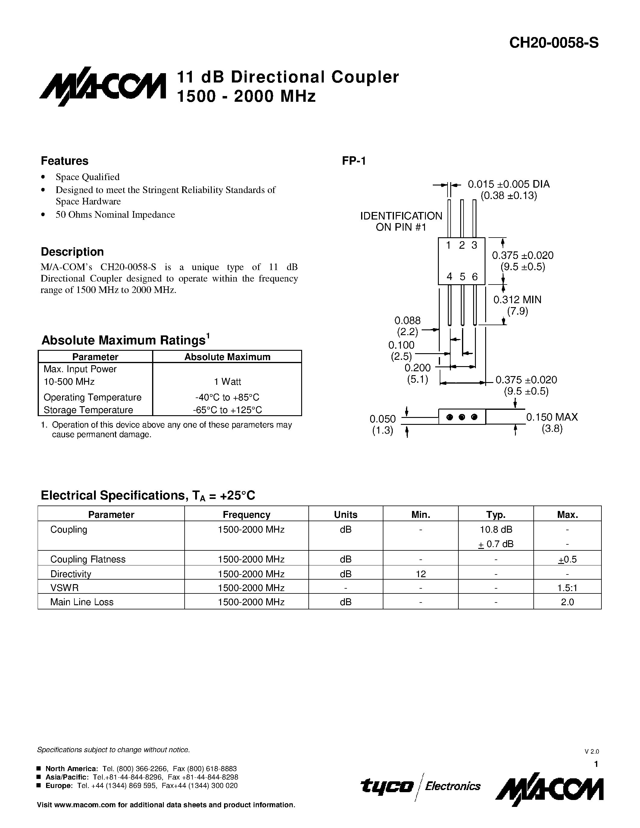 Datasheet CH20-0058-S - 11 dB Directional Coupler 1500 - 2000 MHz page 1