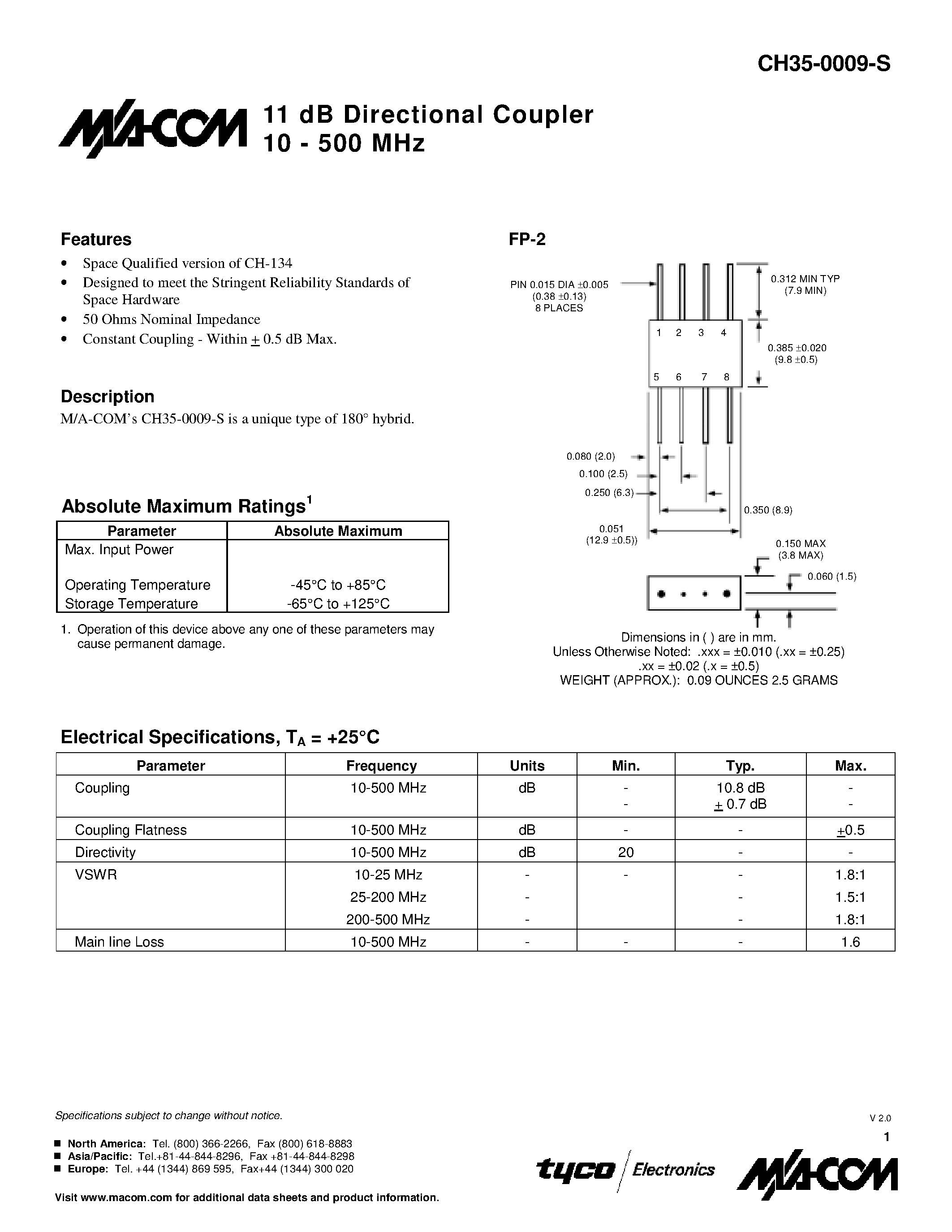 Datasheet CH35-0009-S - 11 dB Directional Coupler 10 - 500 MHz page 1