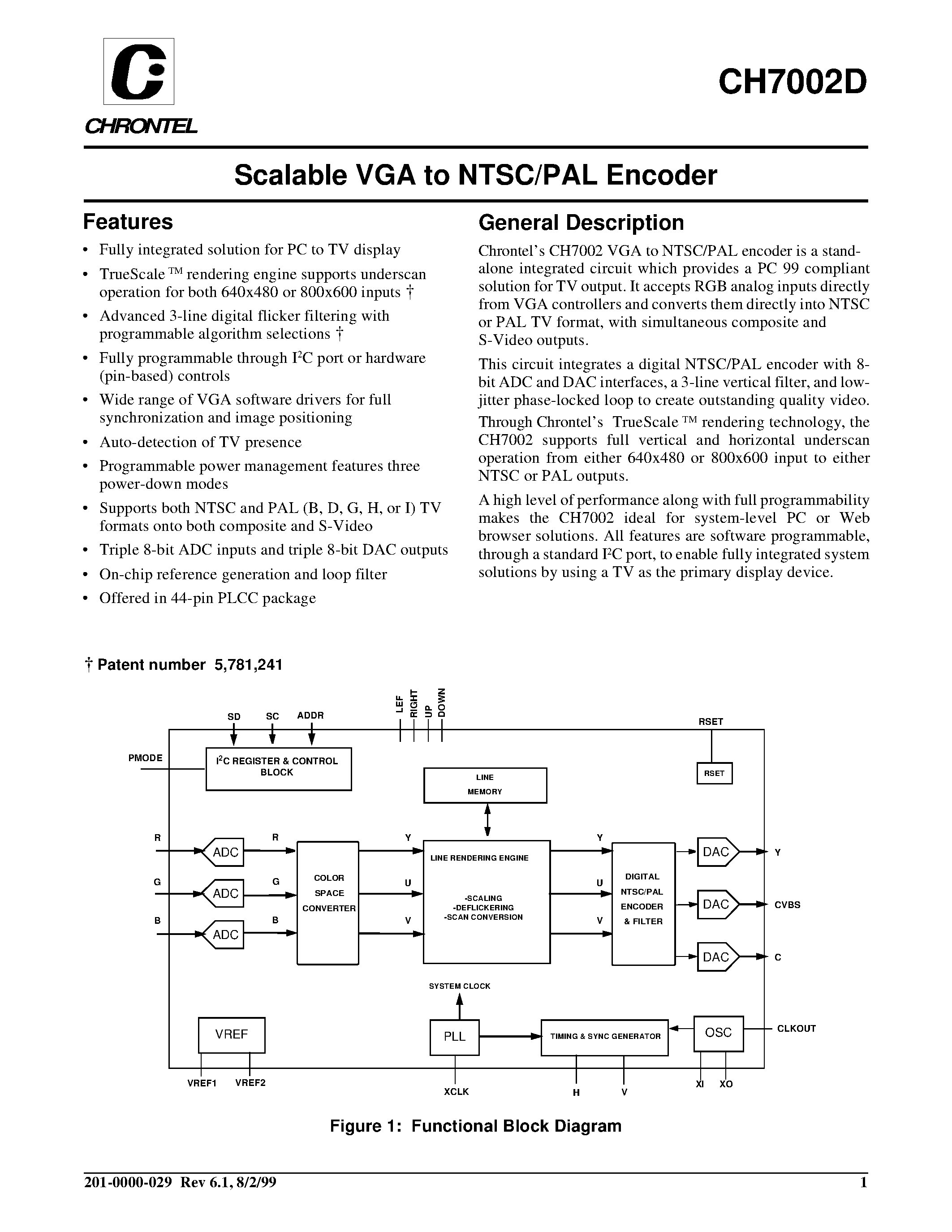 Даташит на микросхему CH7002D-V страница 1 Даташит CH7002D-V - Scalable VGA to NTSC/PAL Encoder страница 1