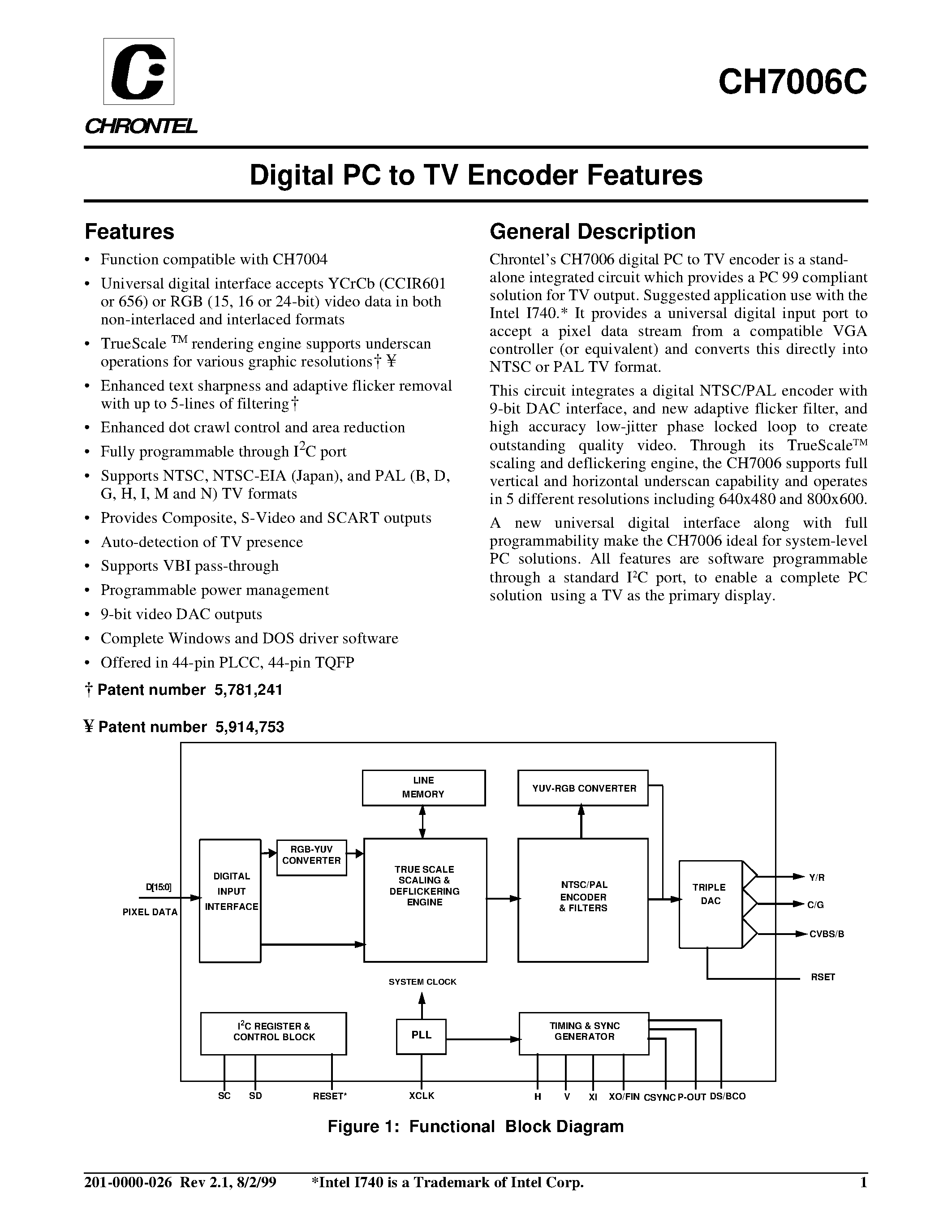Datasheet CH7006C-V page 1 Datasheet CH7006C-V - Digital PC to TV Encoder Features page 1
