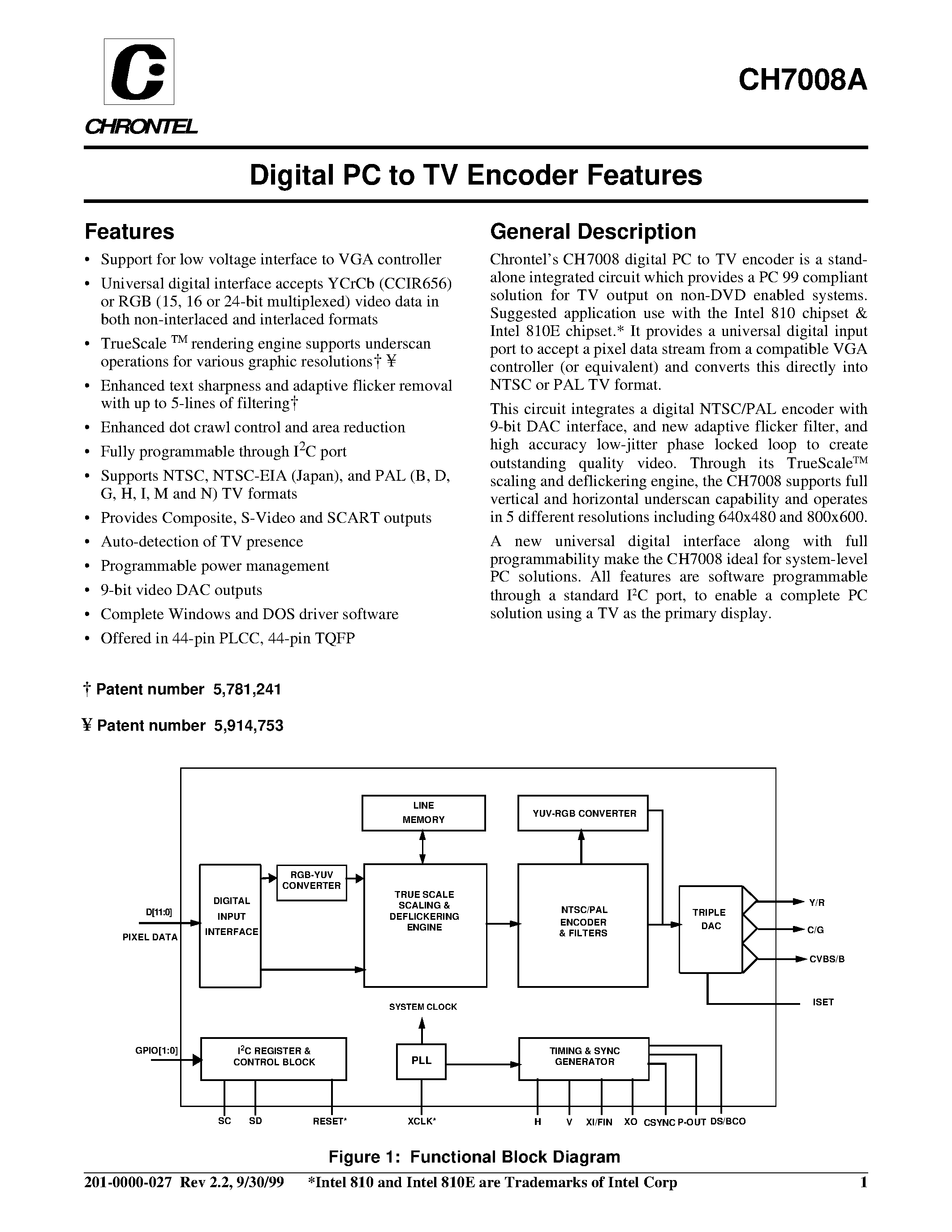 Даташит CH7008A-V - Digital PC to TV Encoder Features страница 1