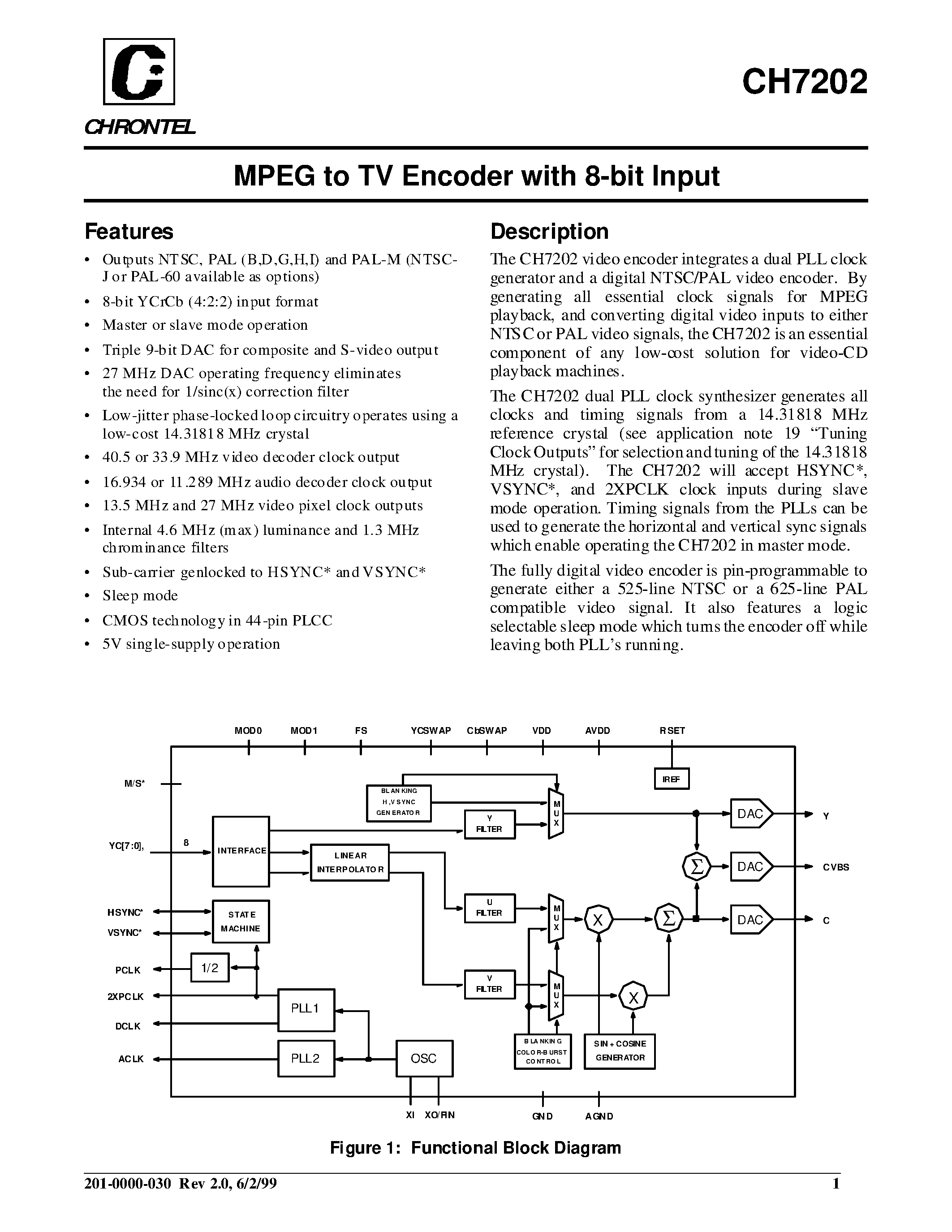 Даташит на микросхему CH7202 страница 1 Даташит CH7202 - MPEG to TV Encoder with 8-bit Input страница 1