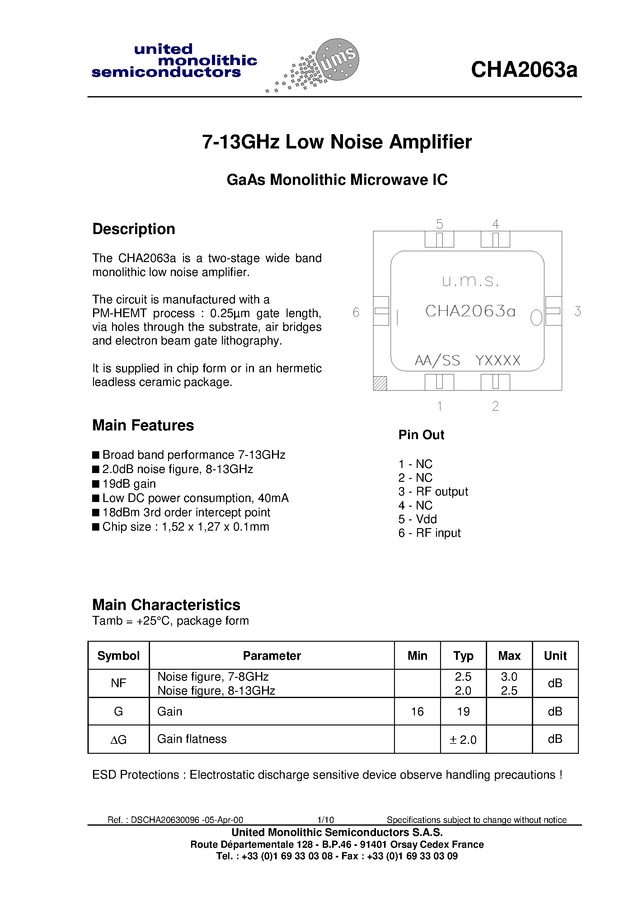Datasheet CHA2063A - 7-13GHz Low Noise Amplifier page 1