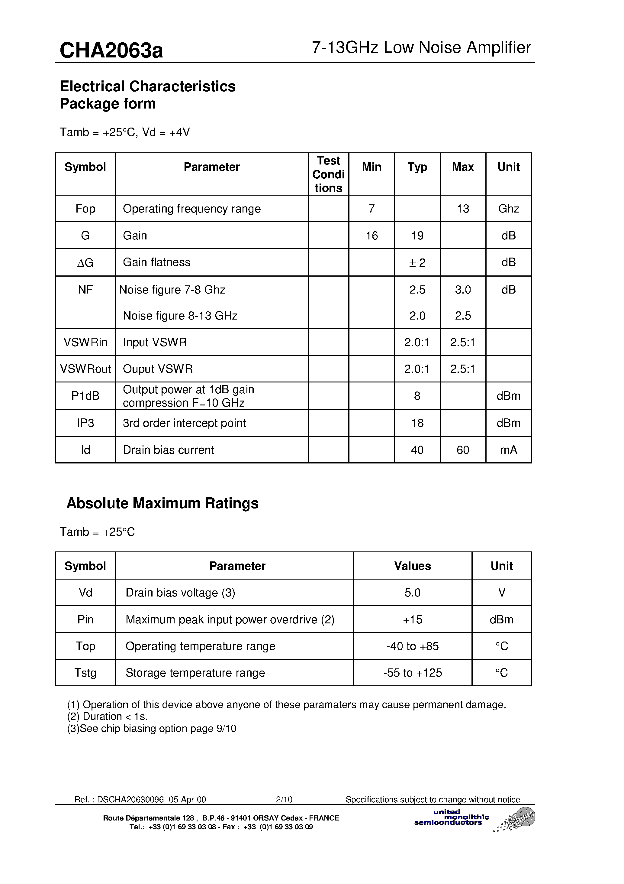 Datasheet CHA2063A - 7-13GHz Low Noise Amplifier page 2