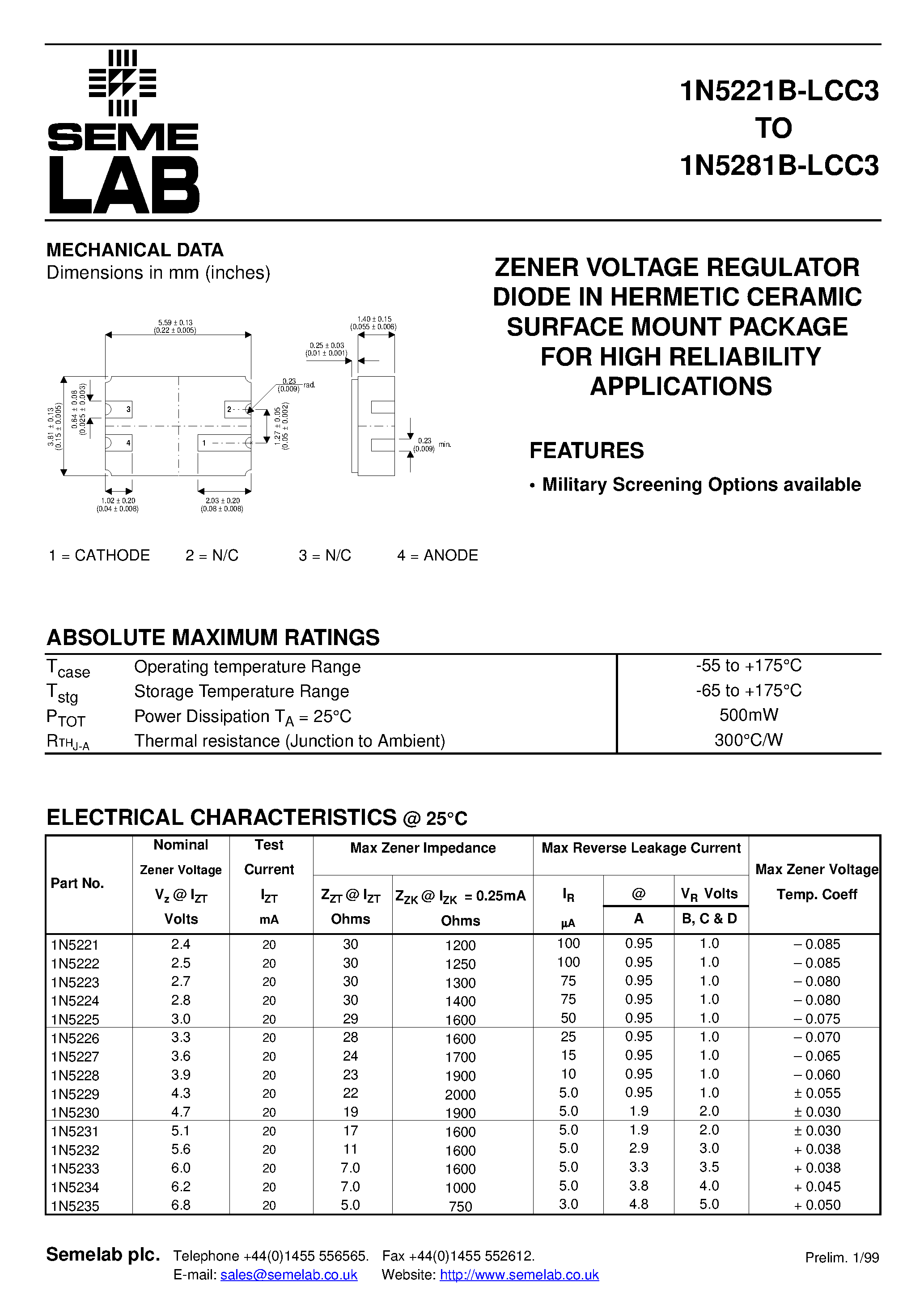 Datasheet 1N5266 - ZENER VOLTAGE REGULATOR DIODE IN HERMETIC CERAMIC SURFACE MOUNT PACKAGE FOR HIGH RELIABILITY APPLICATIONS page 1