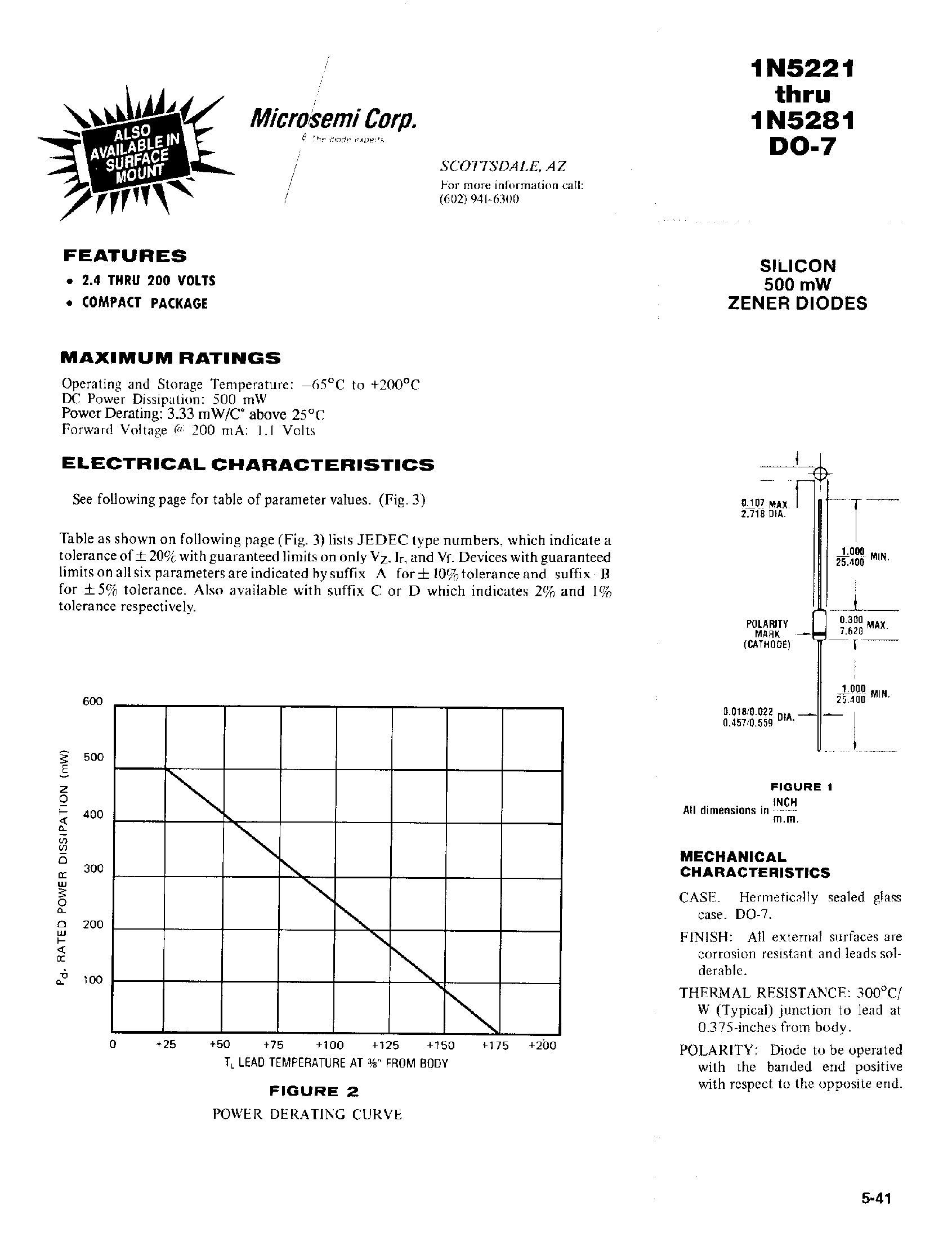 Datasheet 1N5270 - SILICON 500 mW ZENER DIODES page 1