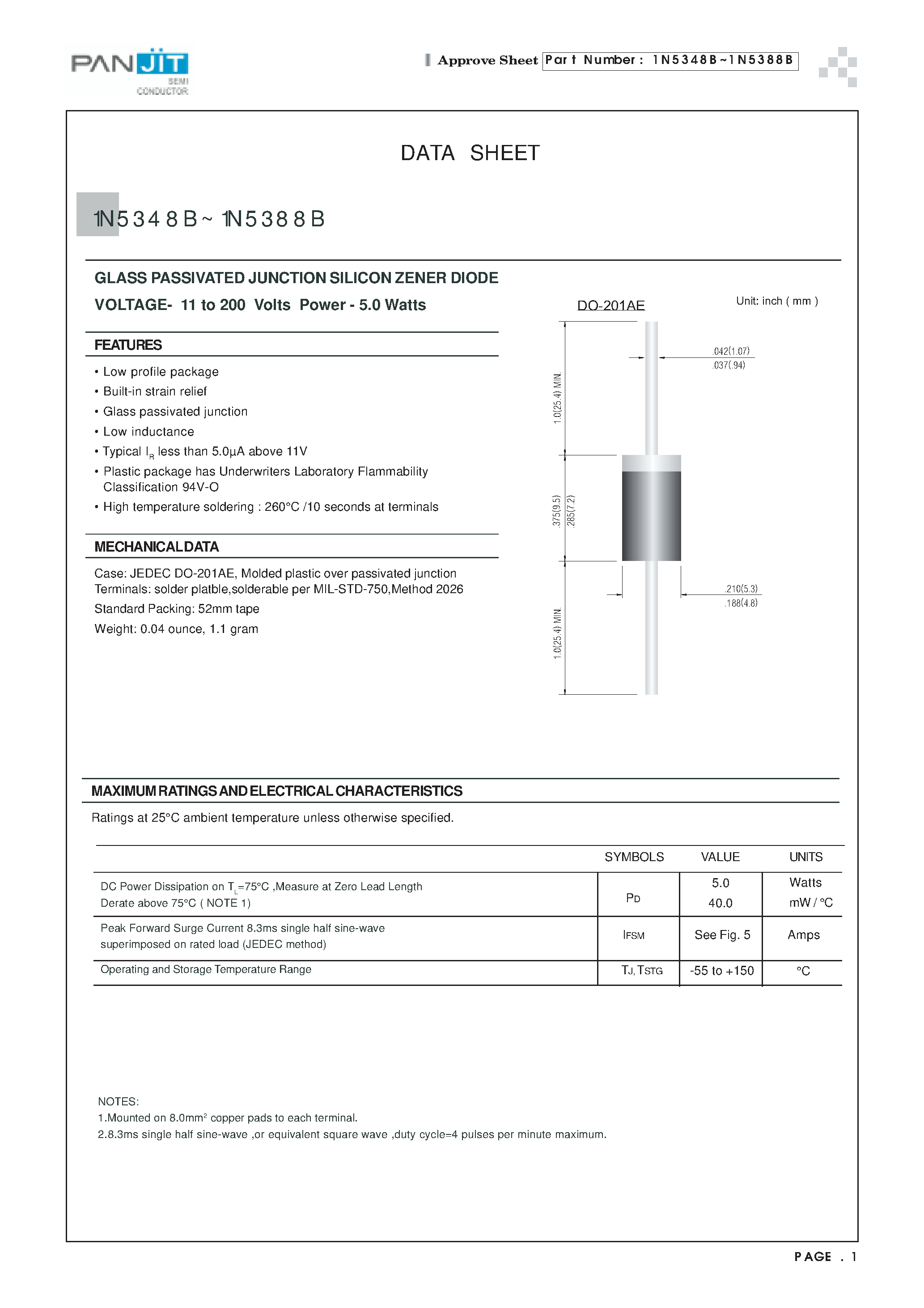Datasheet 1N5354B - GLASS PASSIVATED JUNCTION SILICON ZENER DIODE(VOLTAGE- 11 to 200 Volts Power - 5.0 Watts) page 1
