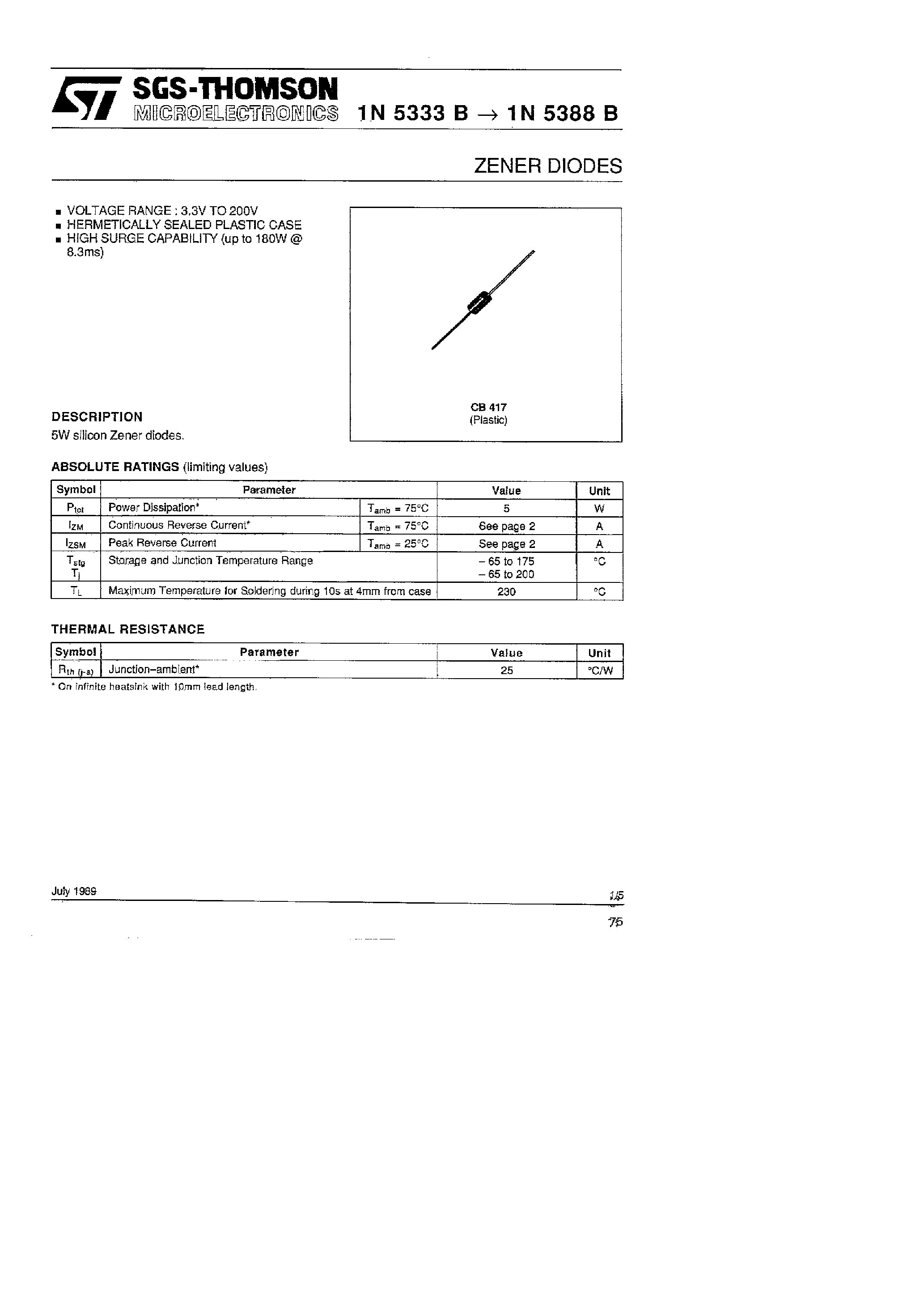 Datasheet 1N5374B - 5W SILICON ZENER DIODES page 1