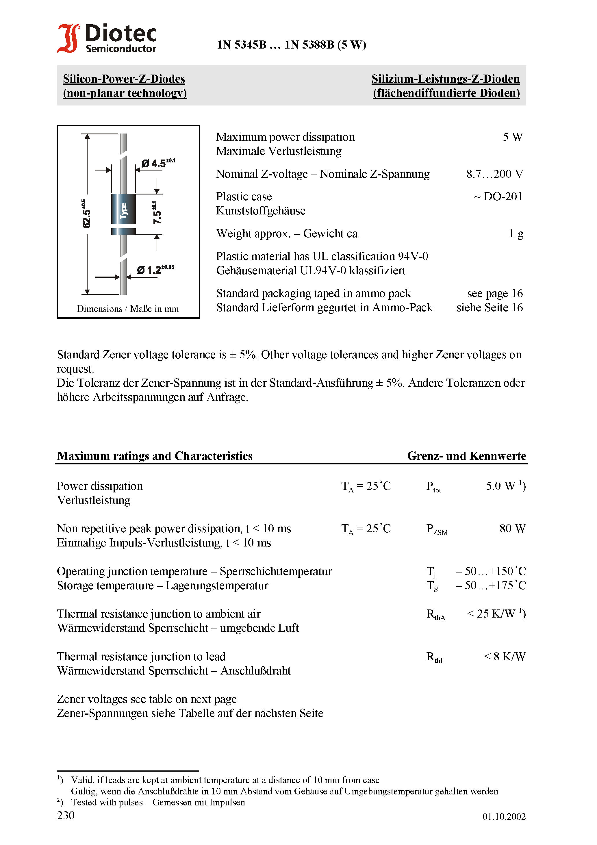Datasheet 1N5375B page 1 Datasheet 1N5375B - Silicon-Power-Z-Diodes (non-planar technology) page 1