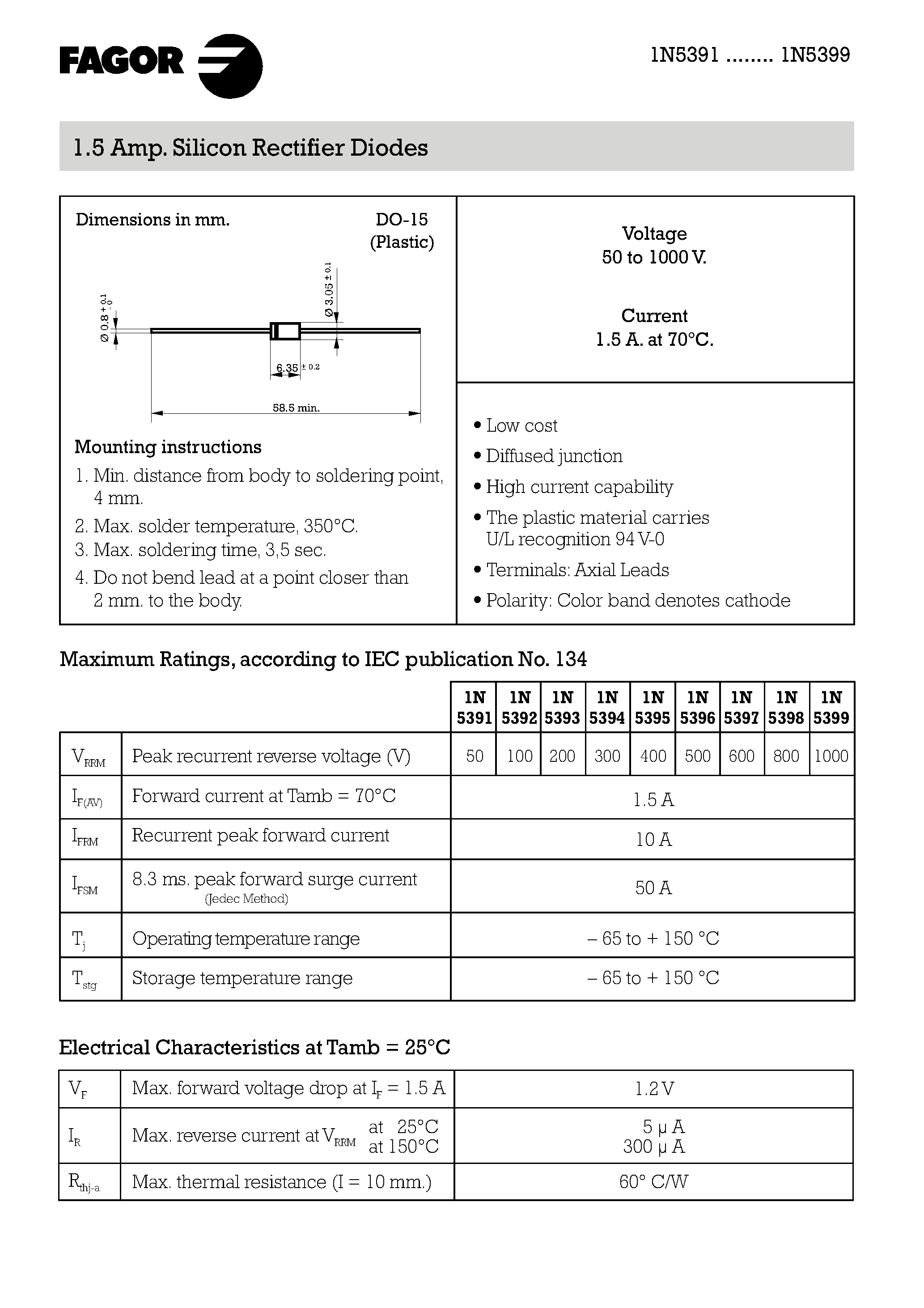 Datasheet 1n5390 - 1.5 Amp. Silicon Rectifier Diodes page 1