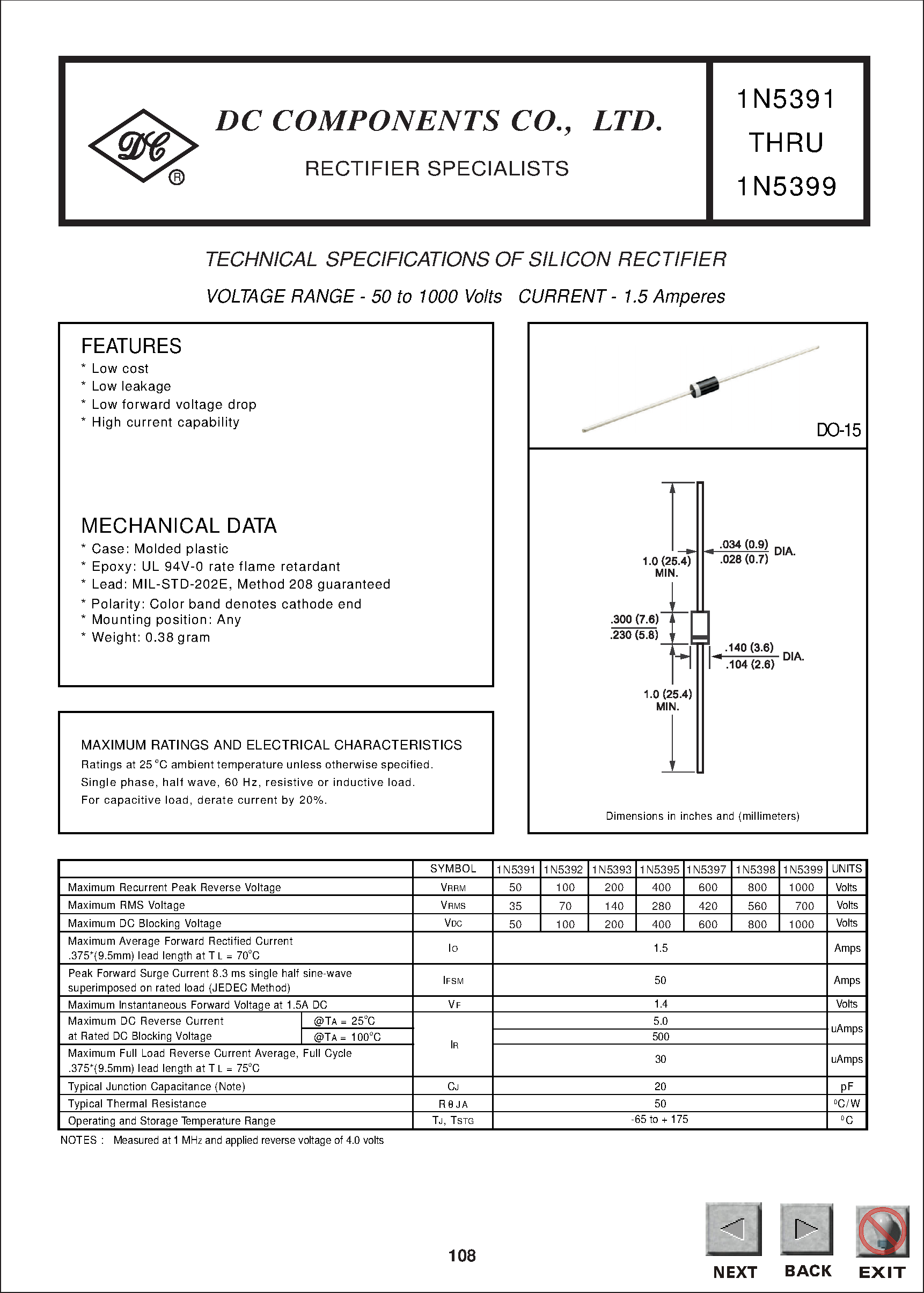 Даташит на микросхему 1N5393 страница 1 Даташит 1N5393 - TECHNICAL SPECIFICATIONS OF SILICON RECTIFIER страница 1