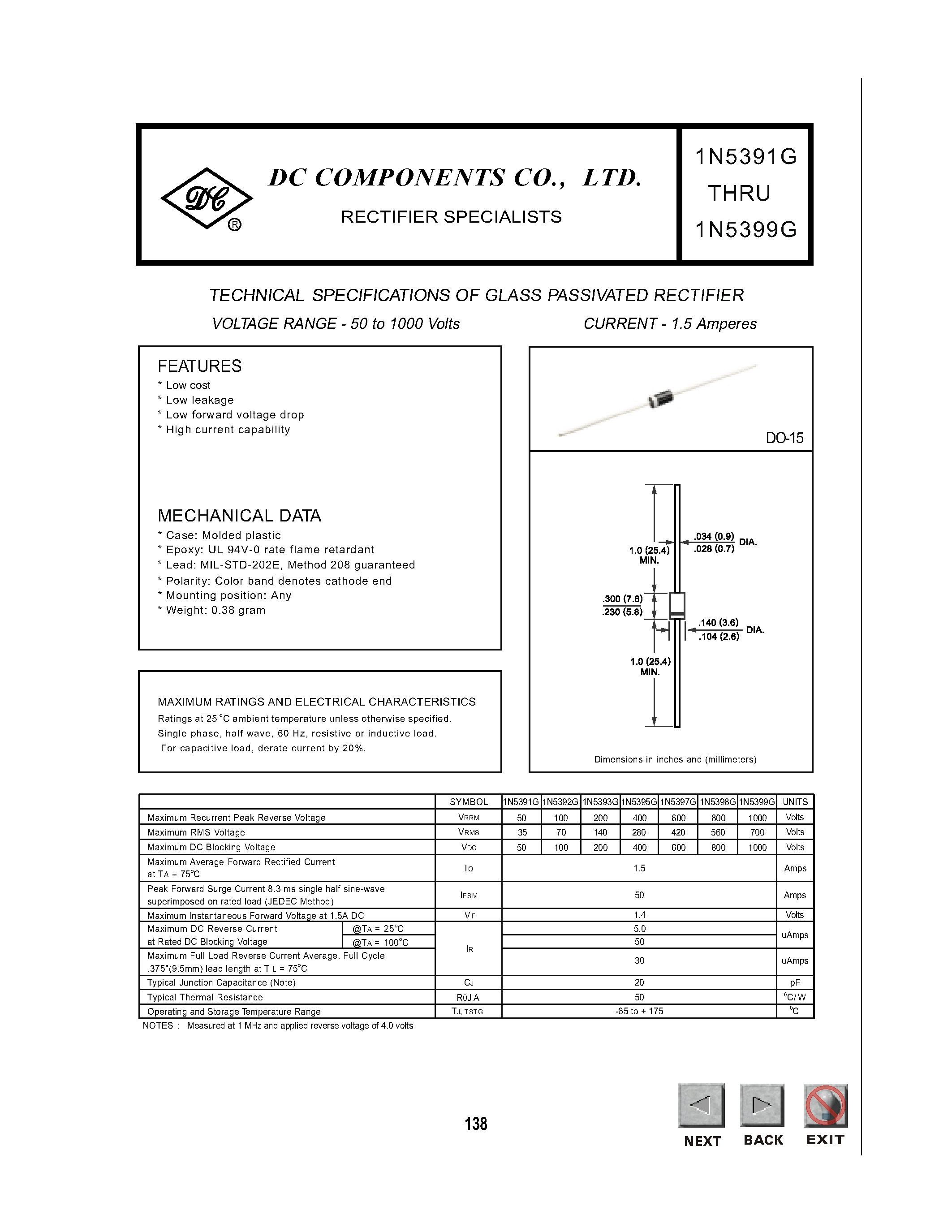Datasheet 1N5394G - TECHNICAL SPECIFICATIONS OF GLASS PASSIVATED RECTIFIER page 1