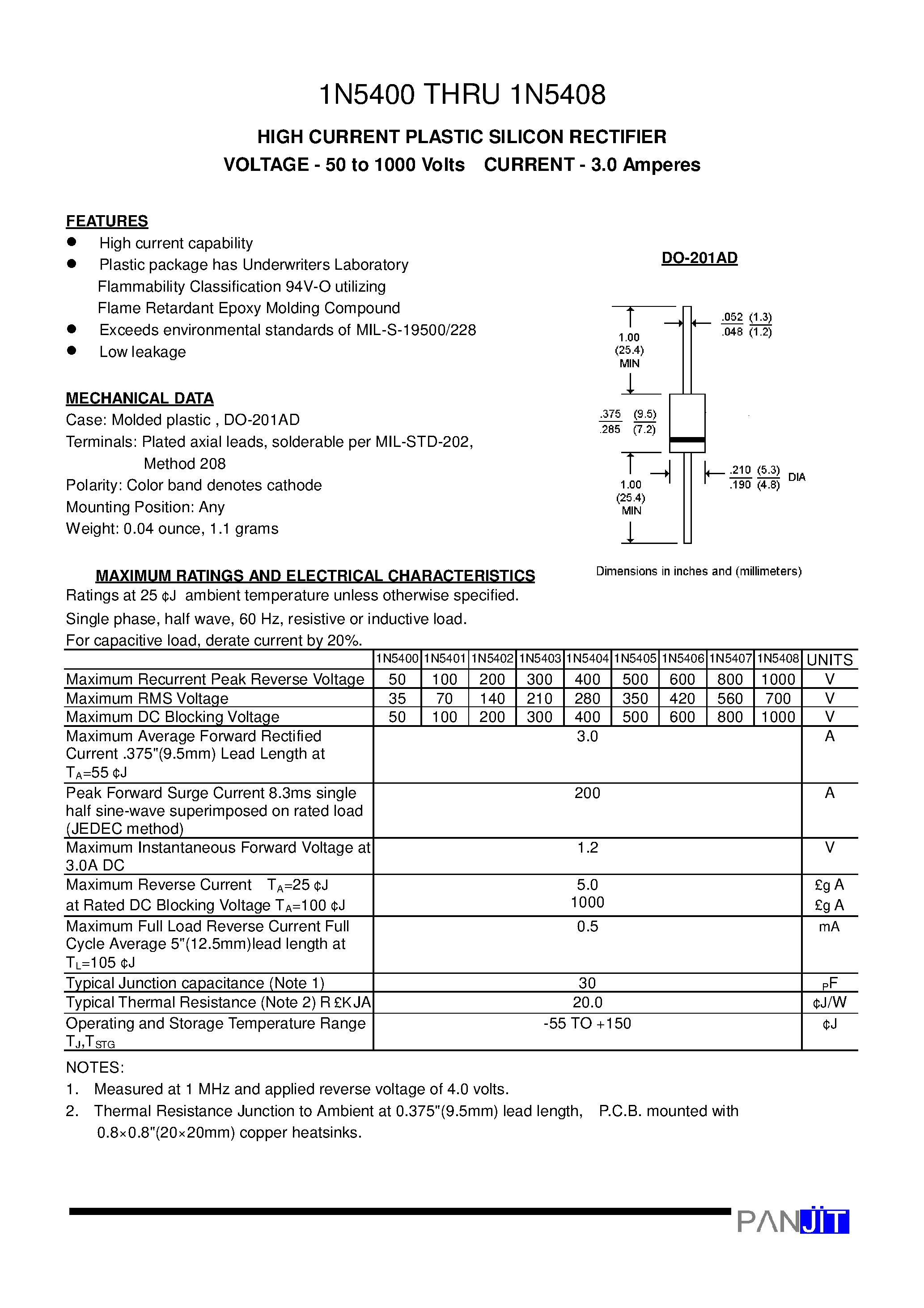 Datasheet 1N5400 page 1 Datasheet 1N5400 - HIGH CURRENT PLASTIC SILICON RECTIFIER(VOLTAGE - 50 to 1000 Volts CURRENT - 3.0 Amperes) page 1