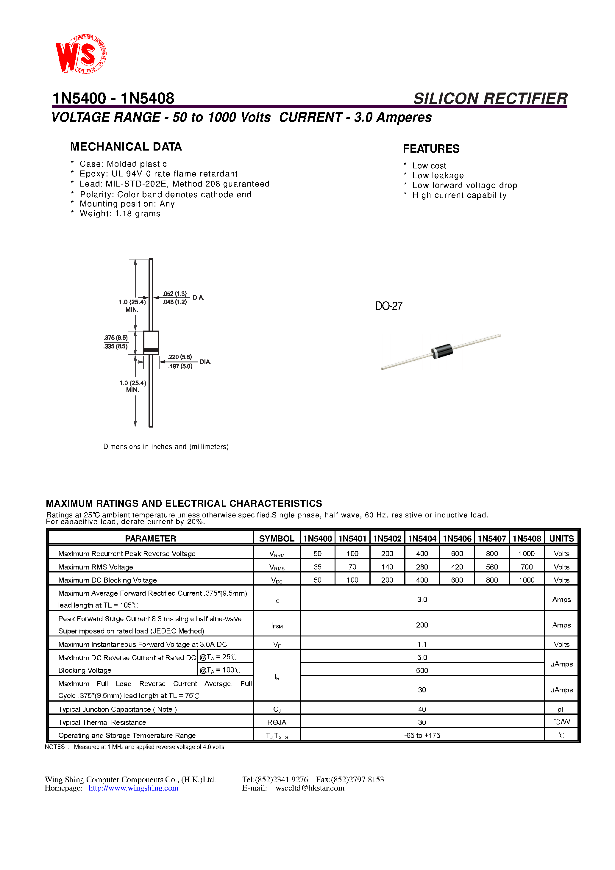 Datasheet 1N5400 - SILICON RECTIFIER(VOLTAGE RANGE - 50 to 1000 Volts CURRENT - 3.0 Amperes) page 1