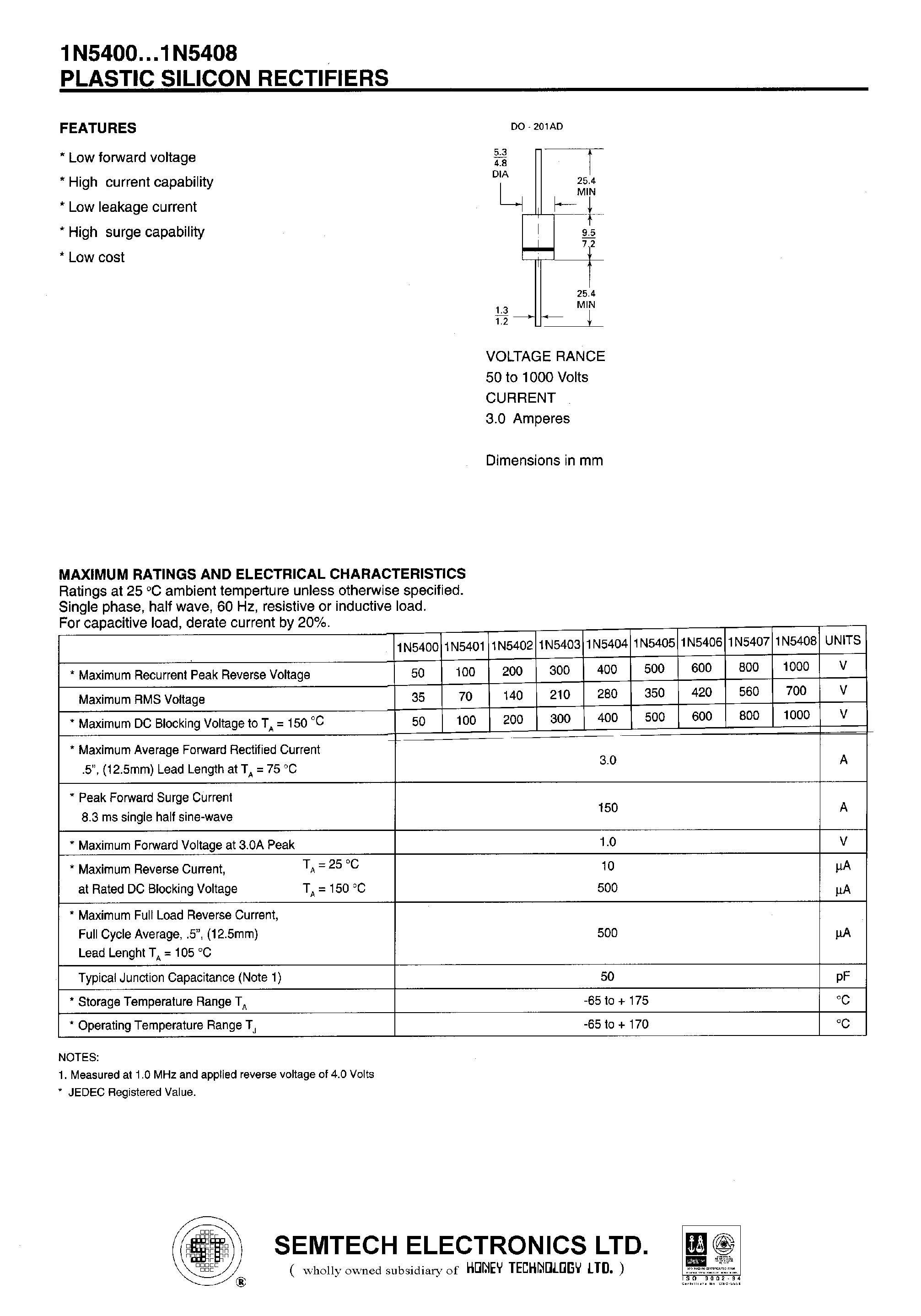 Datasheet 1N5400 page 1 Datasheet 1N5400 - PLASTIC SILICON RECTIFIERS page 1