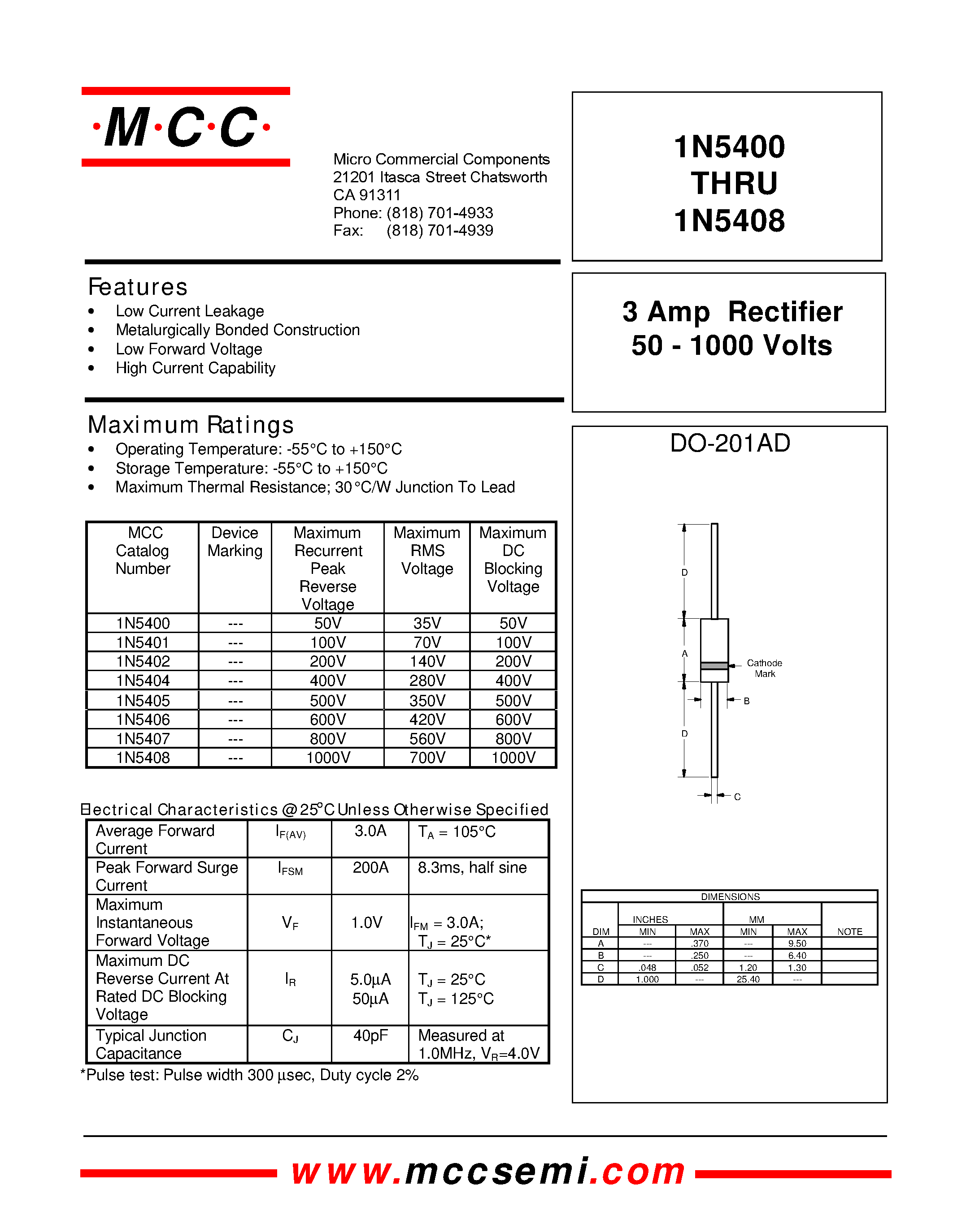 Datasheet 1N5400 page 1 Datasheet 1N5400 - 3 Amp Rectifier 50 - 1000 Volts page 1