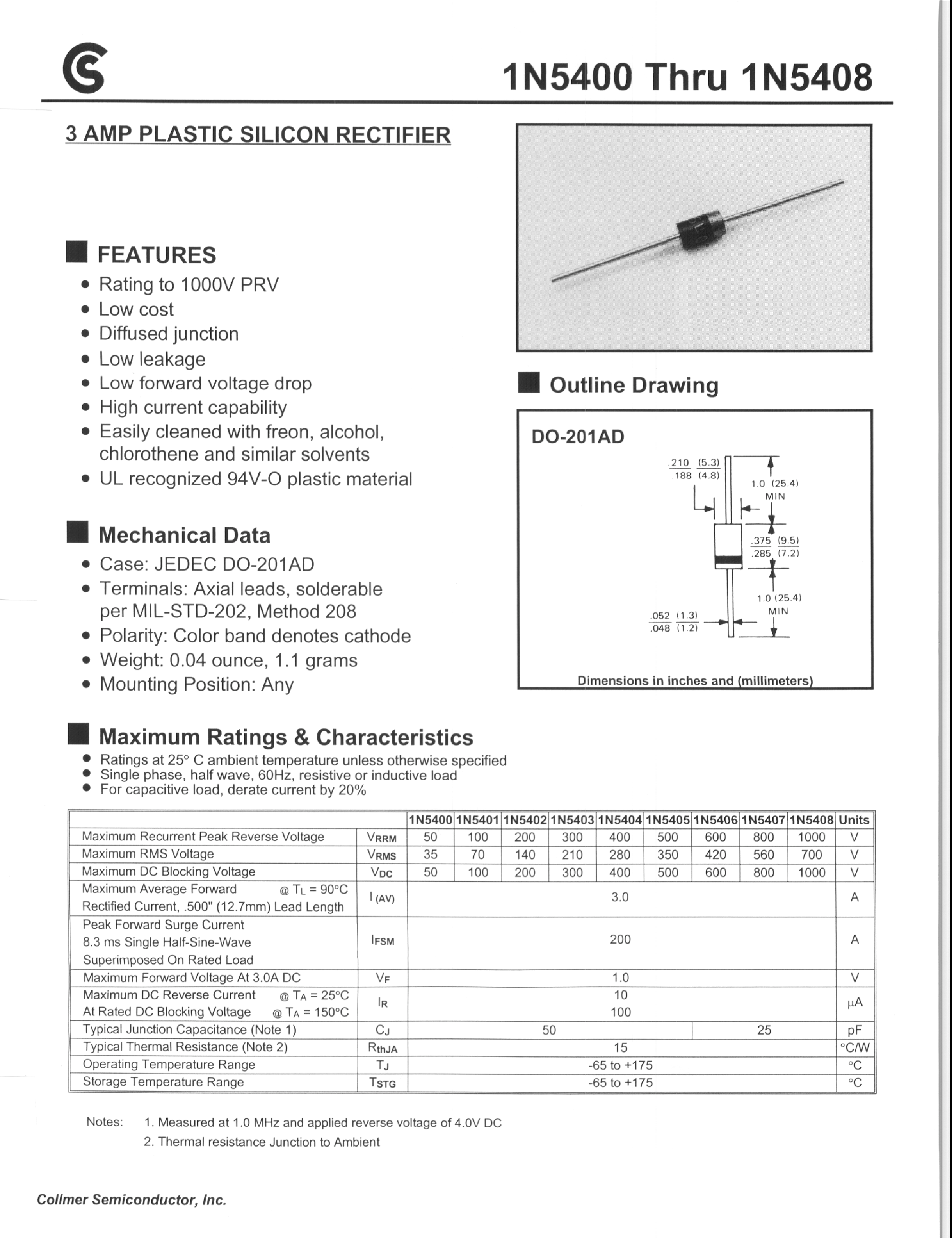 Datasheet 1N5402 - 3 AMP PLASTIC SILICON RECTIFIER page 1