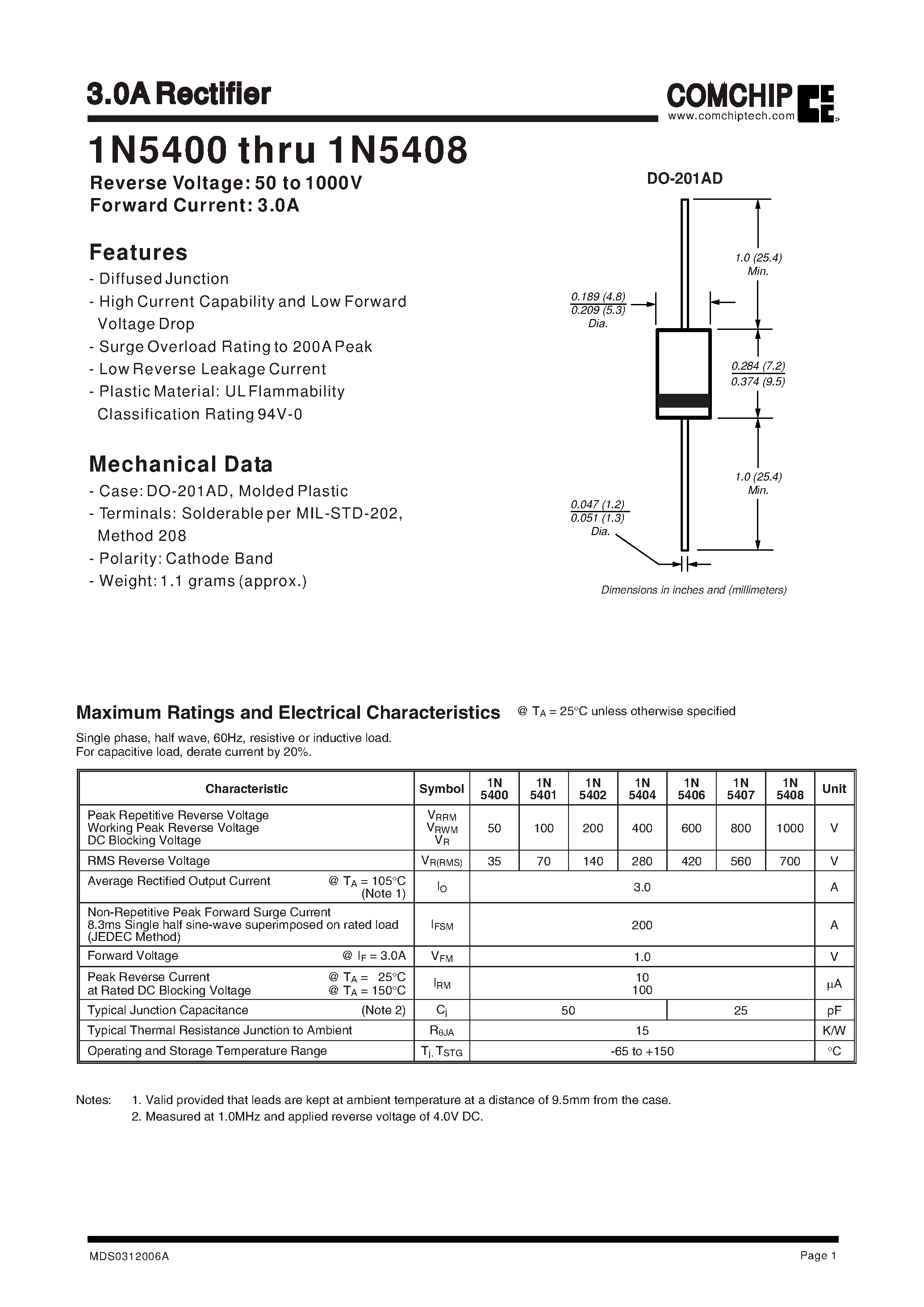 Datasheet 1N5402 - 3.0A Rectifier page 1