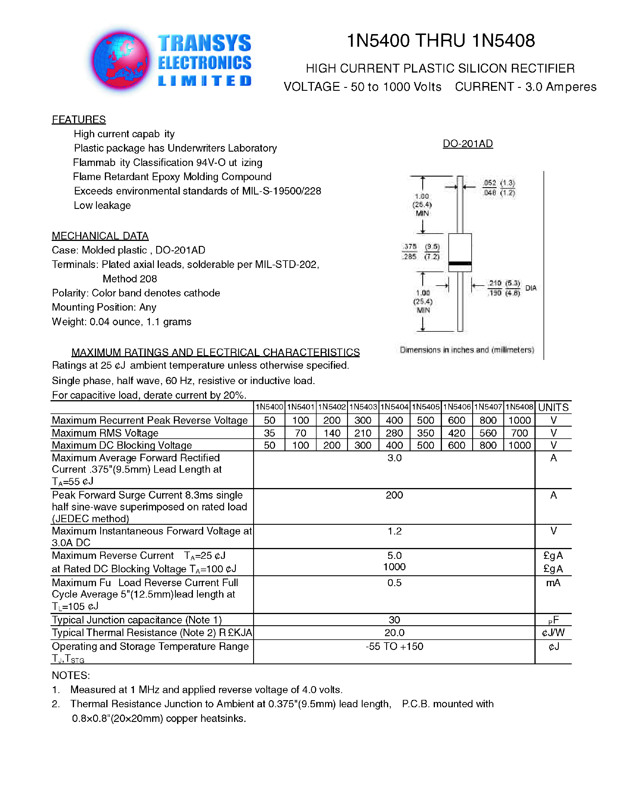 Datasheet 1N5403 page 1 Datasheet 1N5403 - HIGH CURRENT PLASTIC SILICON RECTIFIER page 1