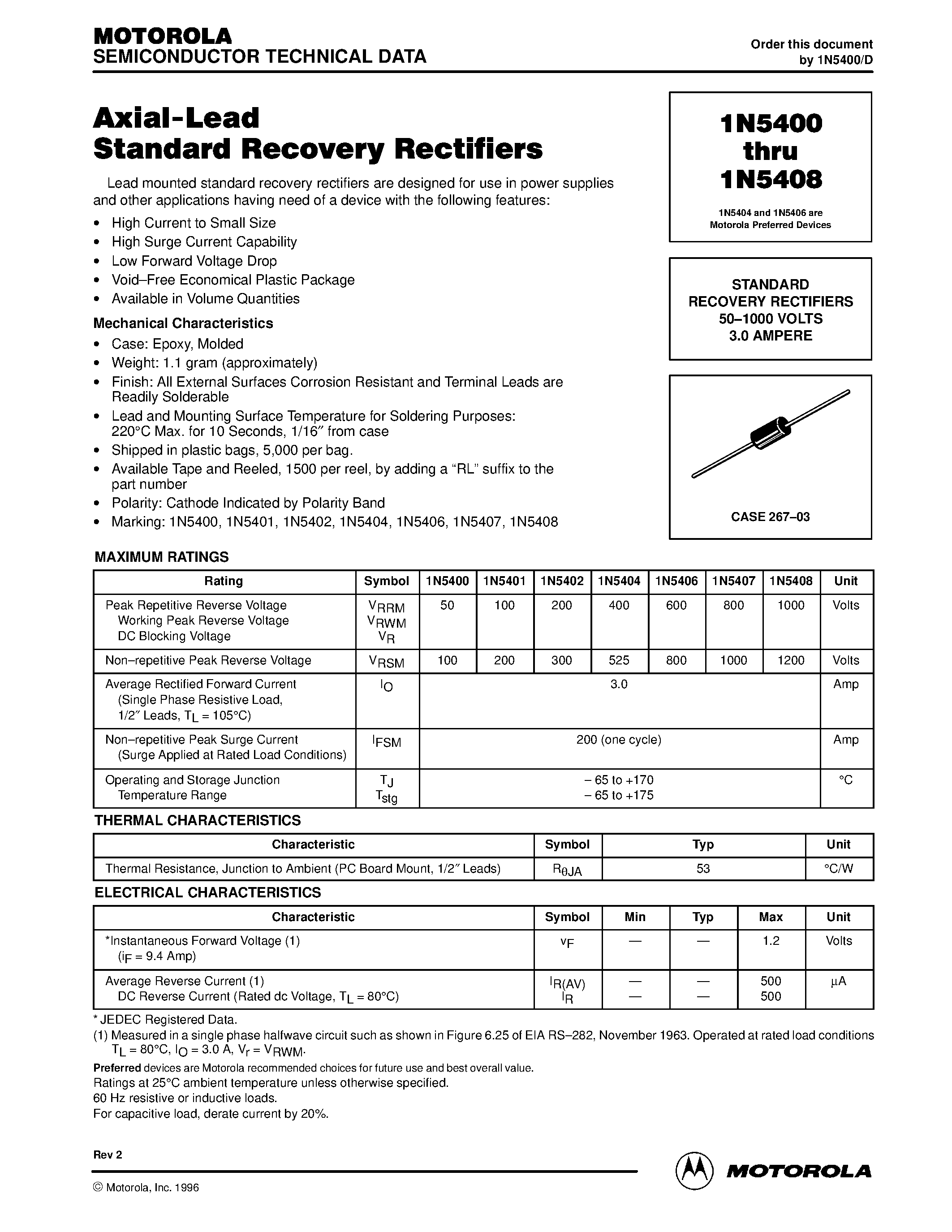 Datasheet 1N5404 - STANDARD RECOVERY RECTIFIERS 50-1000 VOLTS 3.0 AMPERE page 1