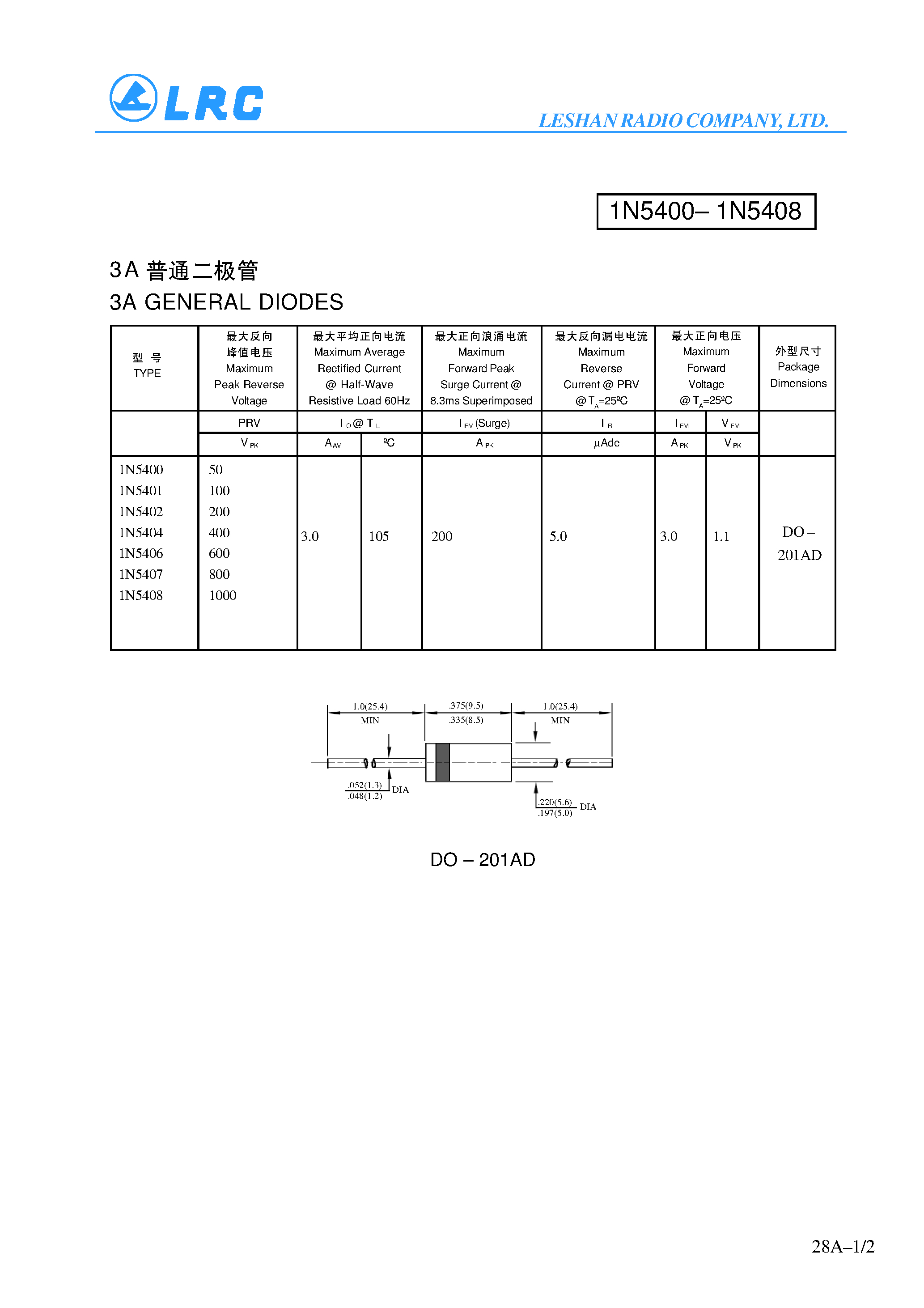 Datasheet 1N5404 - 3A GENERAL DIODES page 1
