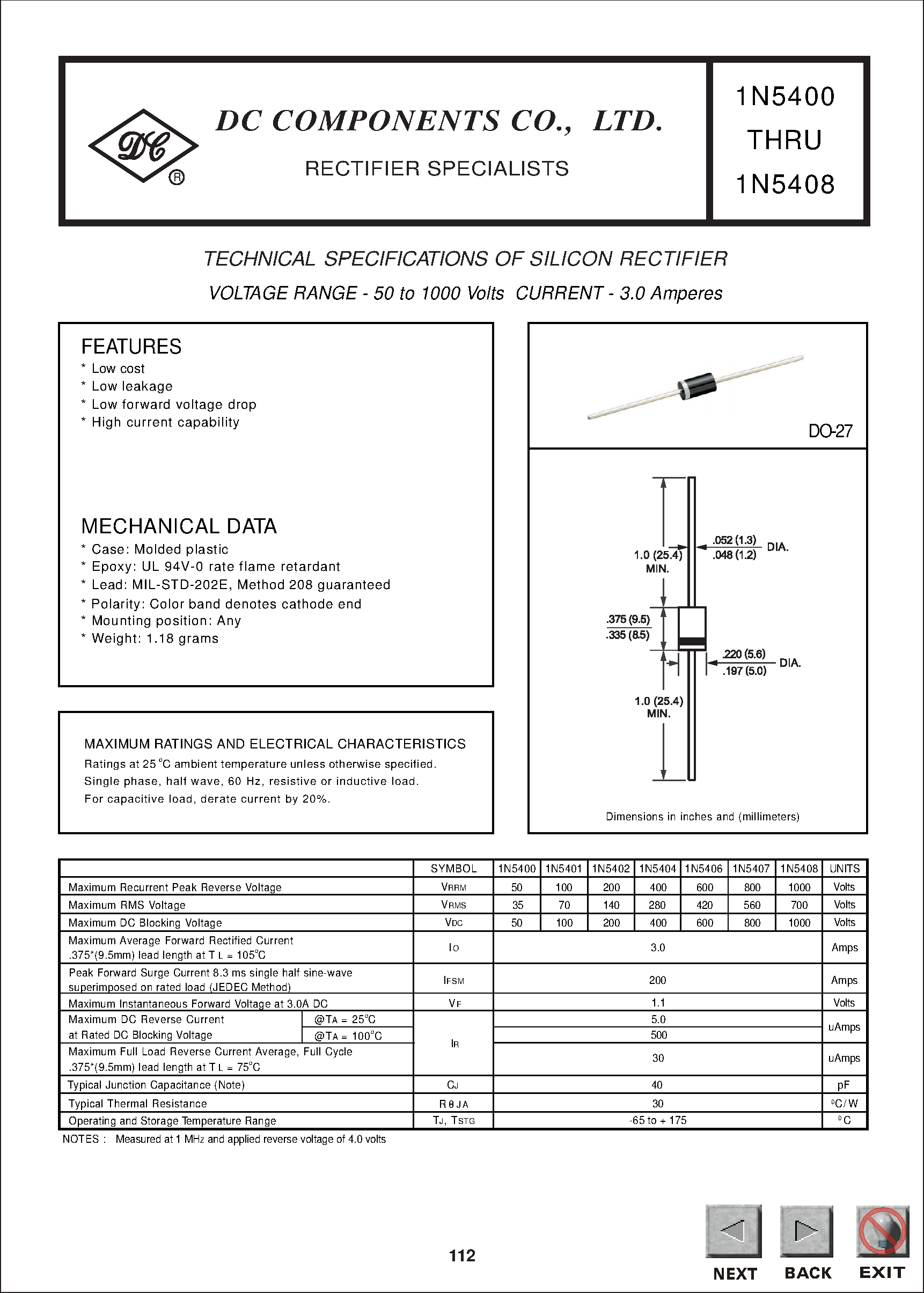 Datasheet 1N5404 page 1 Datasheet 1N5404 - TECHNICAL SPECIFICATIONS OF SILICON RECTIFIER page 1