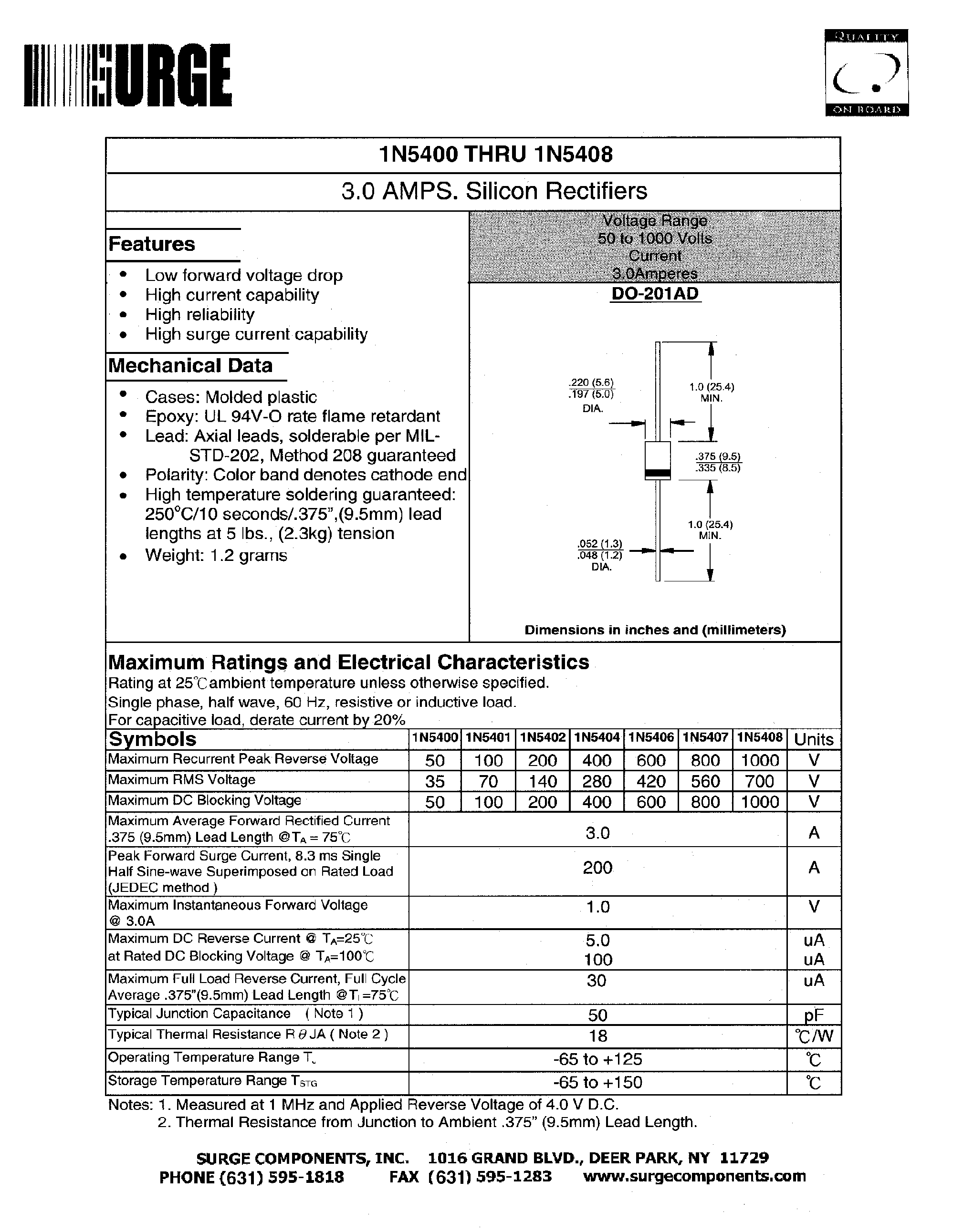 Datasheet 1N5404 - 3.0 AMPS. SILICON RECTIFIERS page 1