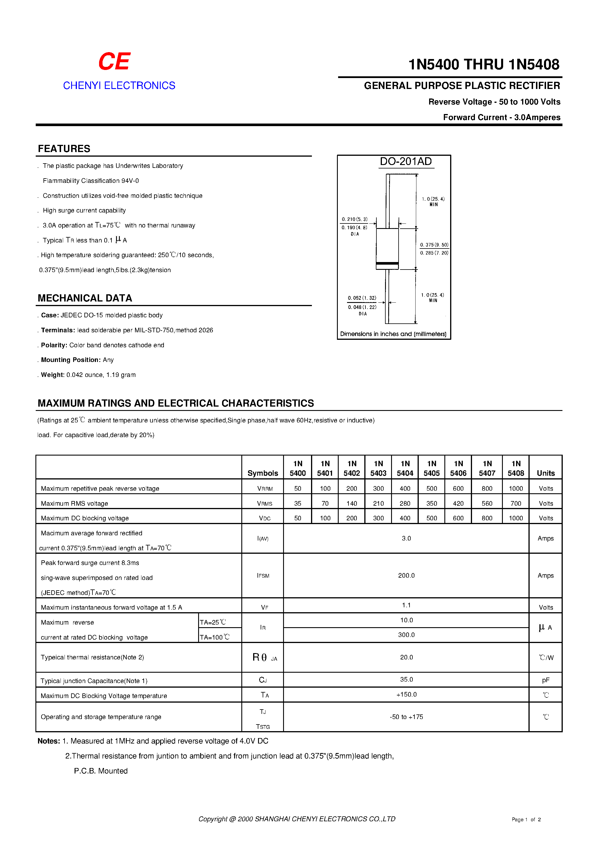 Datasheet 1N5404 - GENERAL PURPOSE PLASTIC RECTIFIER page 1