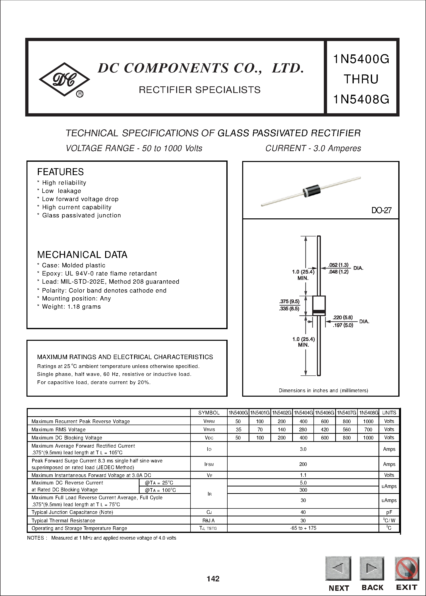 Datasheet 1N5404G - TECHNICAL SPECIFICATIONS OF GLASS PASSIVATED RECTIFIER page 1