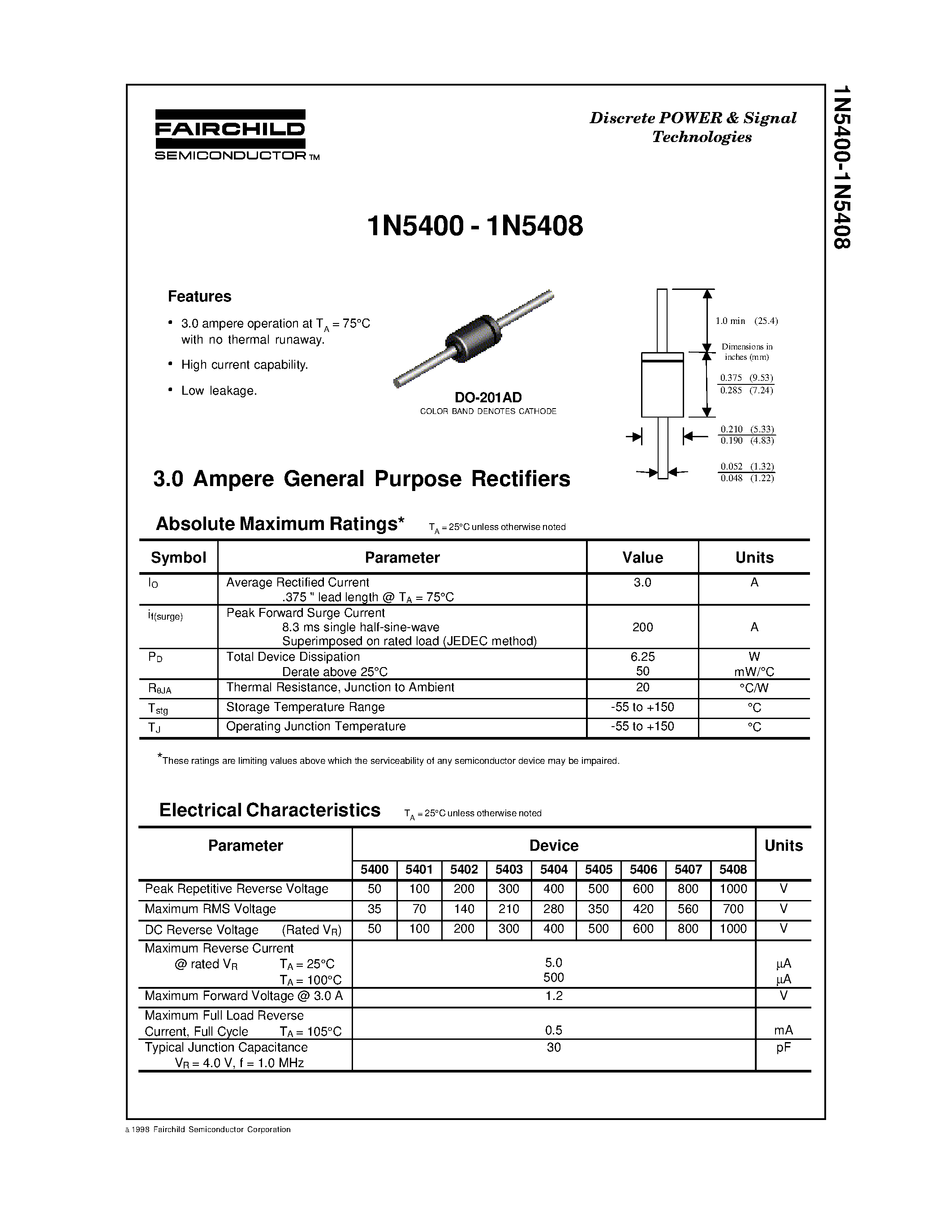 Datasheet 1N5405 - 3.0 Ampere General Purpose Rectifiers page 1