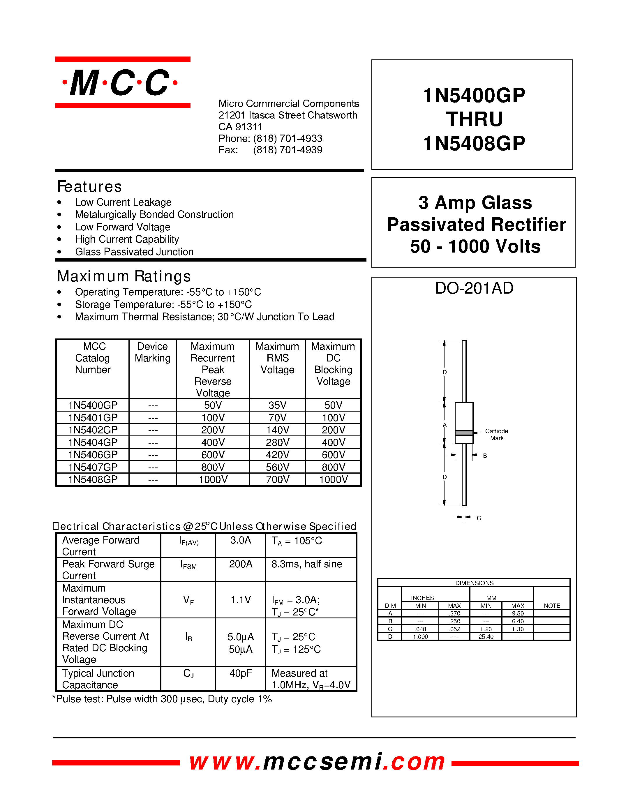 Datasheet 1N5406GP - 3 Amp Glass Passivated Rectifier 50 - 1000 Volts page 1