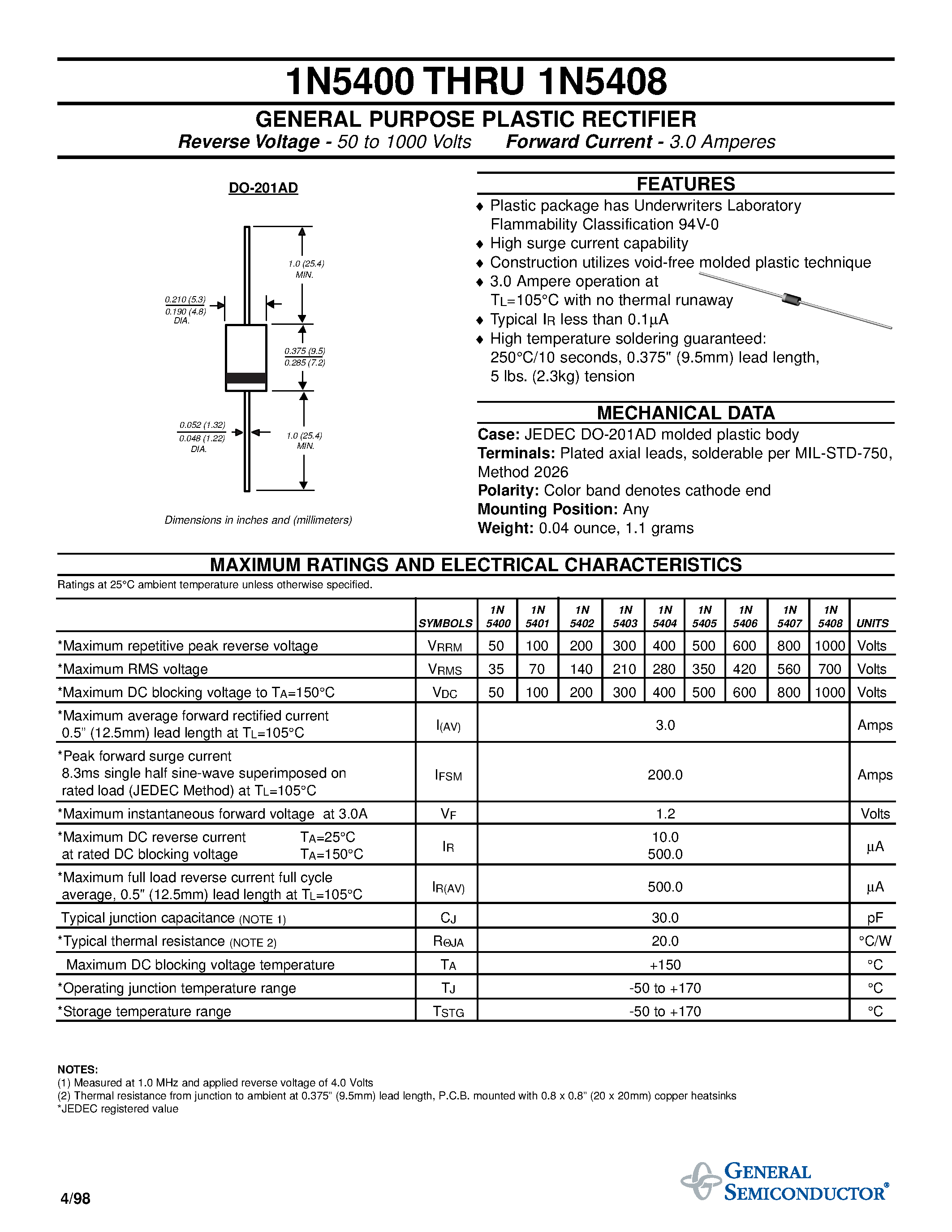 Datasheet 1N5407 - GENERAL PURPOSE PLASTIC RECTIFIER page 1