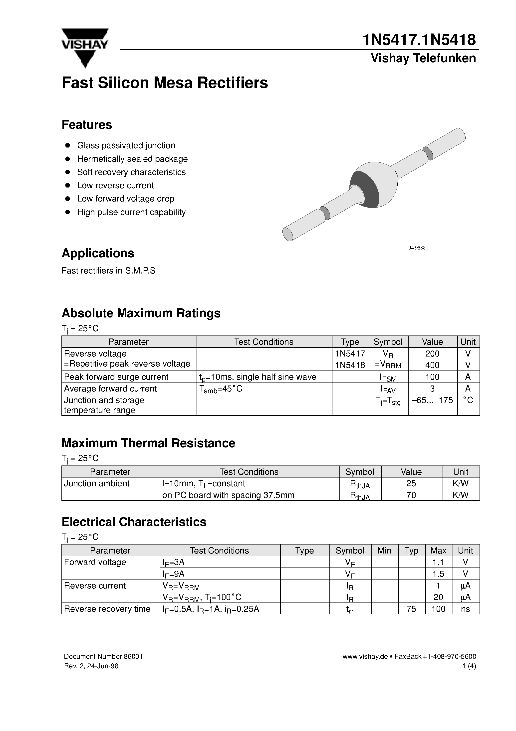 Datasheet 1N5417 - Fast Silicon Mesa Rectifiers page 1