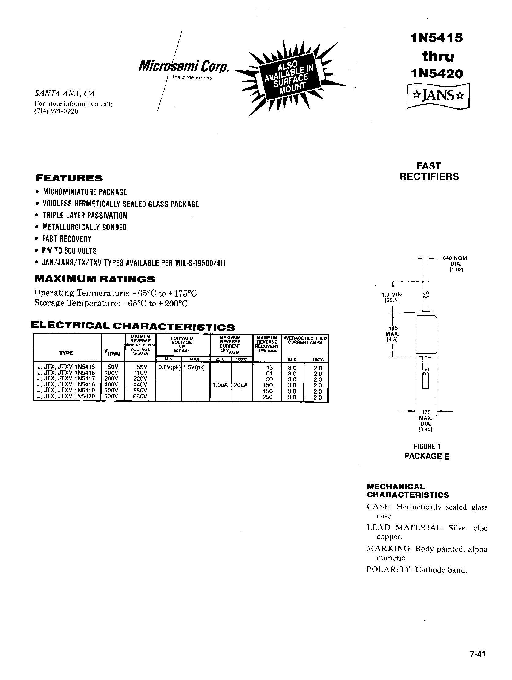 Datasheet 1N5420 page 1 Datasheet 1N5420 - RECTIFIERS MILITARY APPROVED/ FAST RECOVERY/ 3AMP page 1