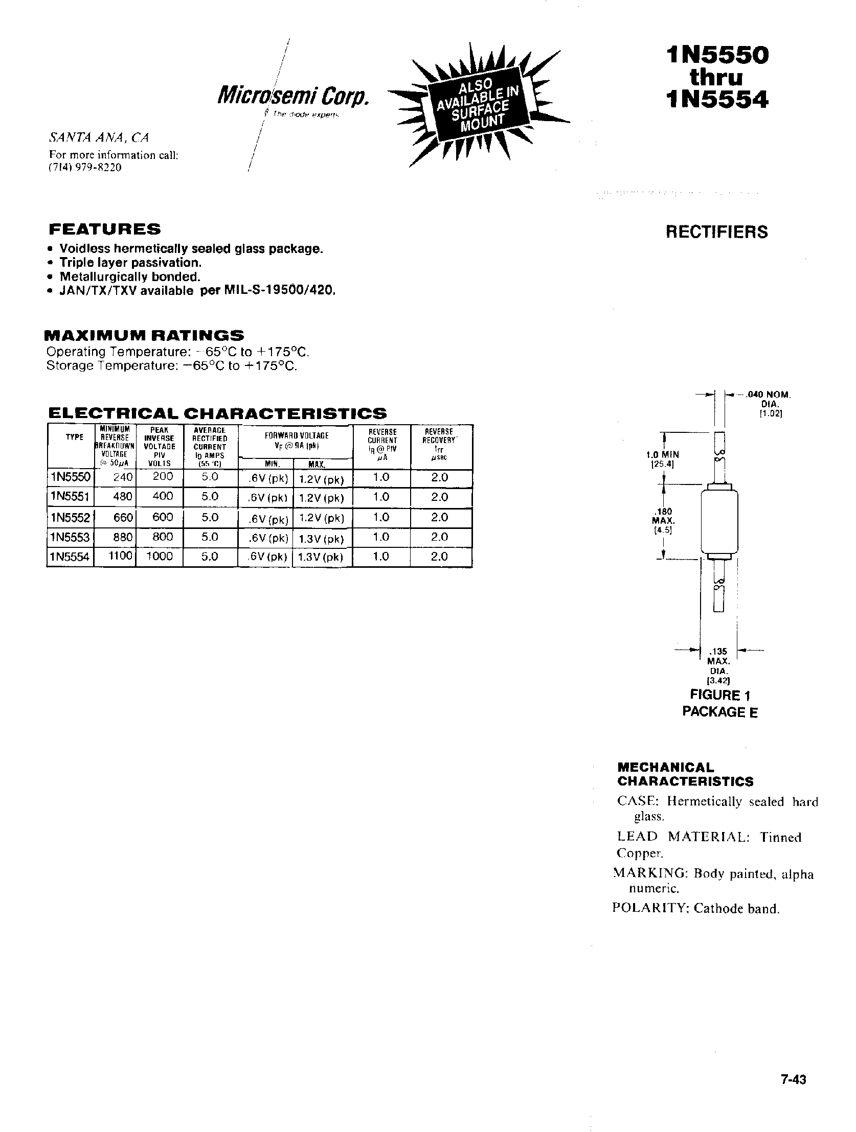 Datasheet 1N5553 - RECTIFIERS MILITARY APPROVED/ 5 AMP/ GENERAL PURPOSE page 1