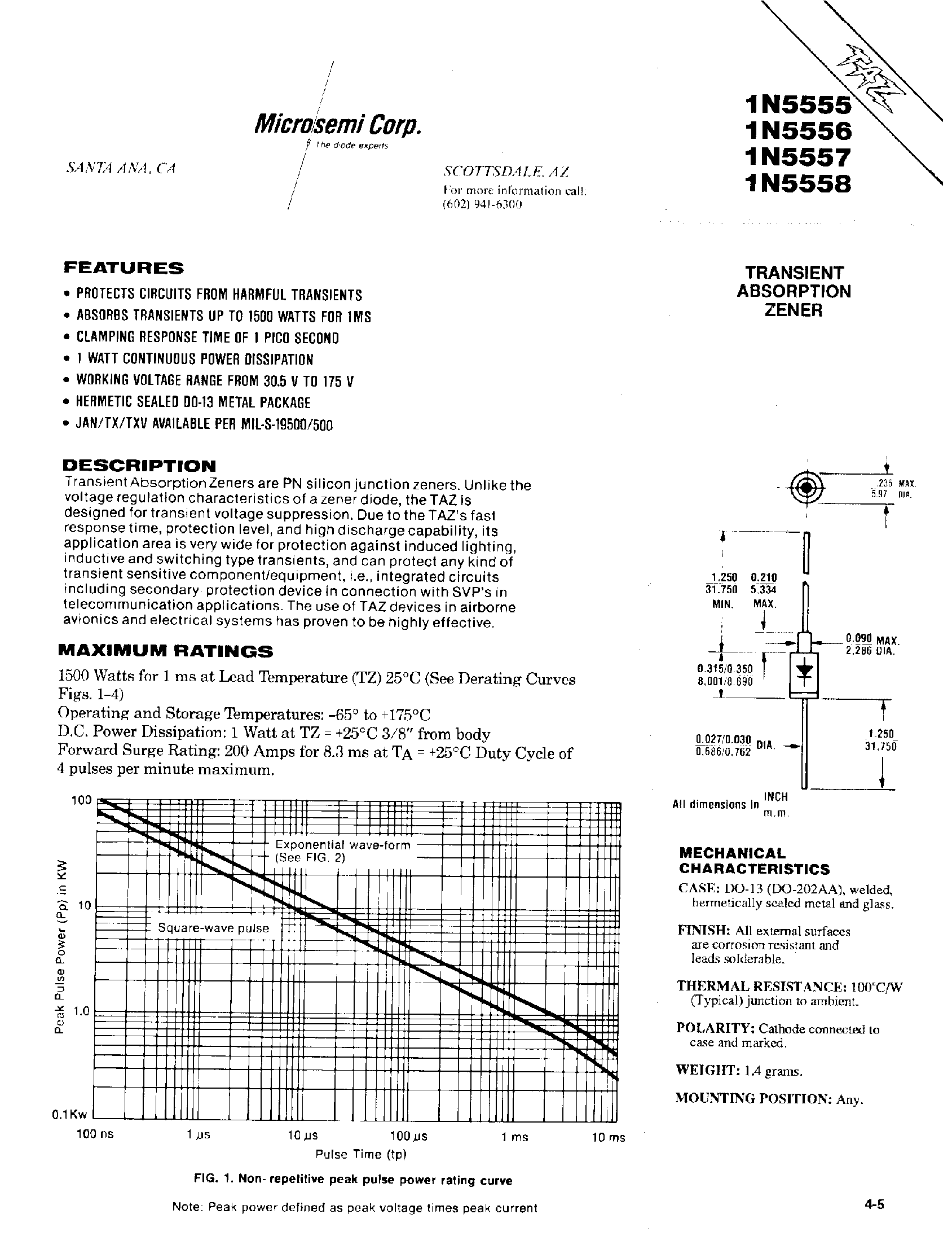 Datasheet 1N5557 - TRANSIENT ABSORPTION ZENER page 1