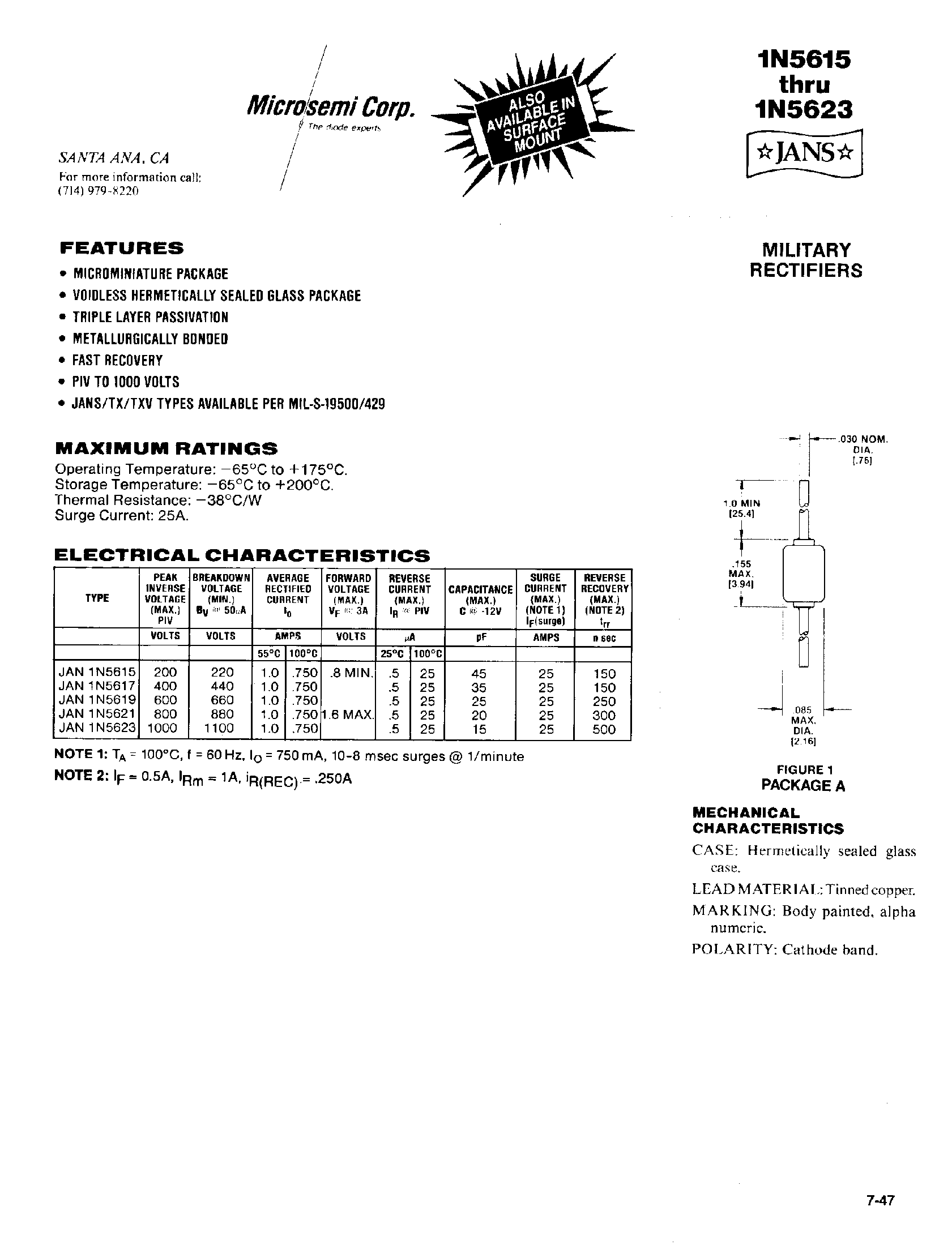 Datasheet 1N5617 page 1 Datasheet 1N5617 - MILITARY RECTIFIERS page 1