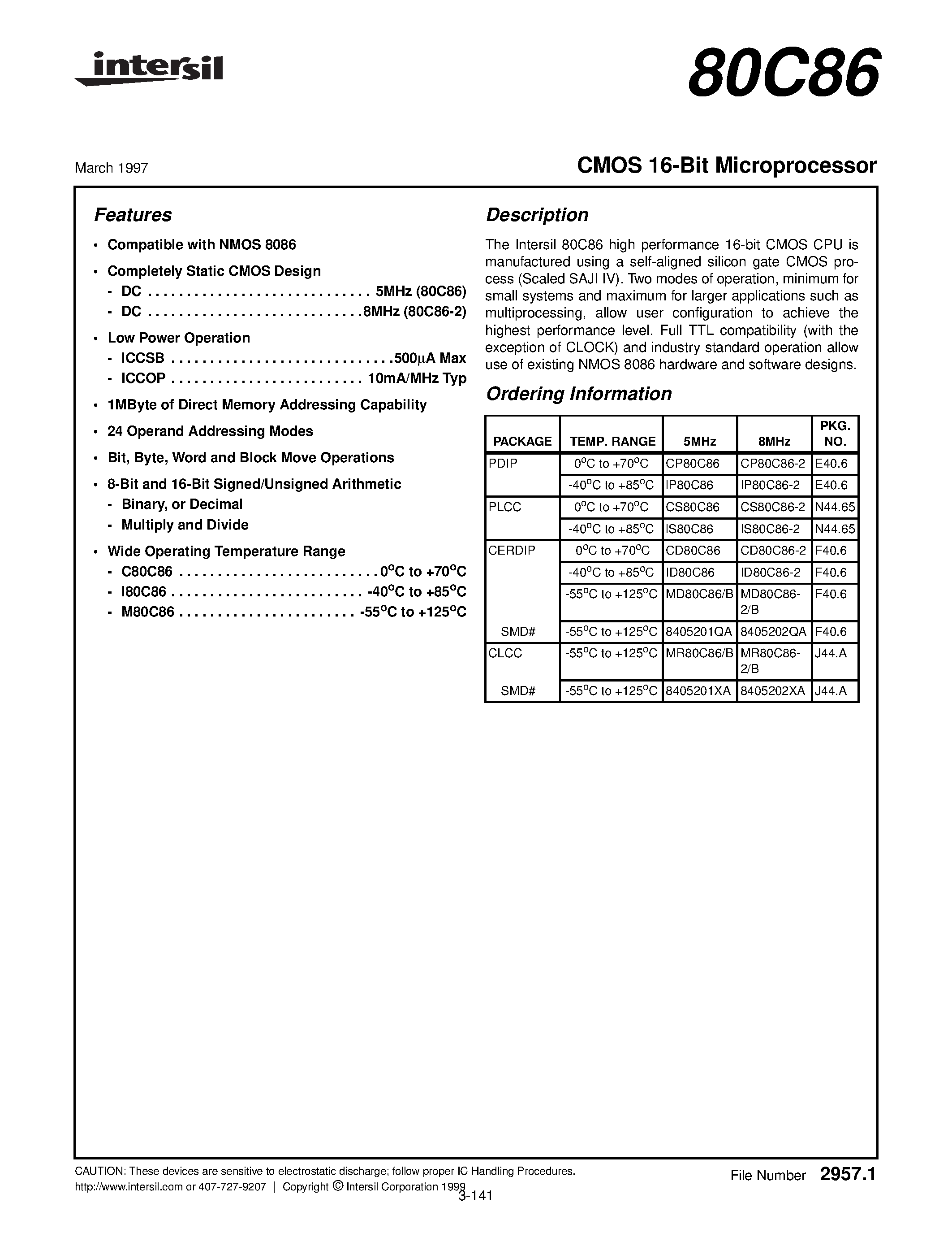 Datasheet CD80C86-2 - CMOS 16-Bit Microprocessor page 1