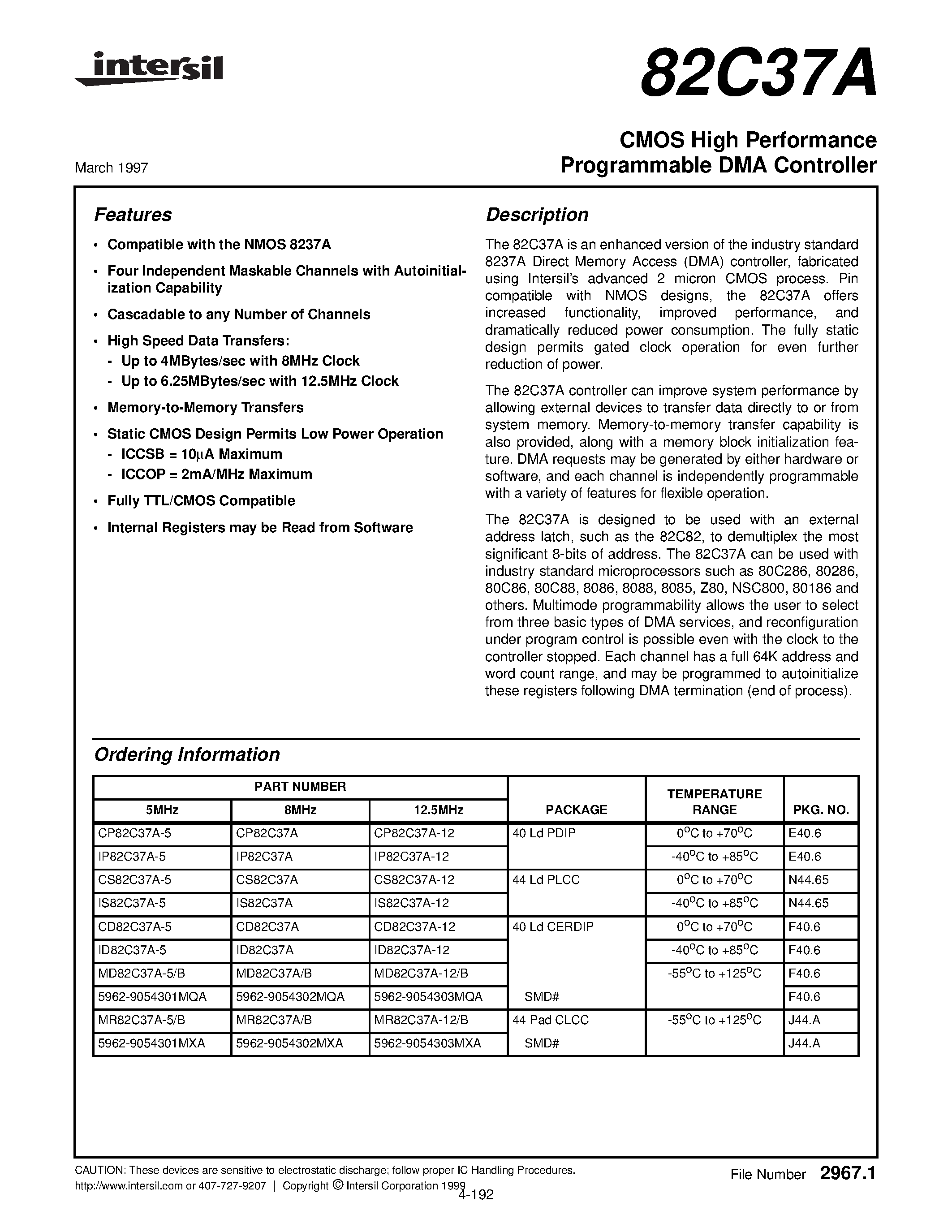 Datasheet CD82C37A-5 - CMOS High Performance Programmable DMA Controller page 1